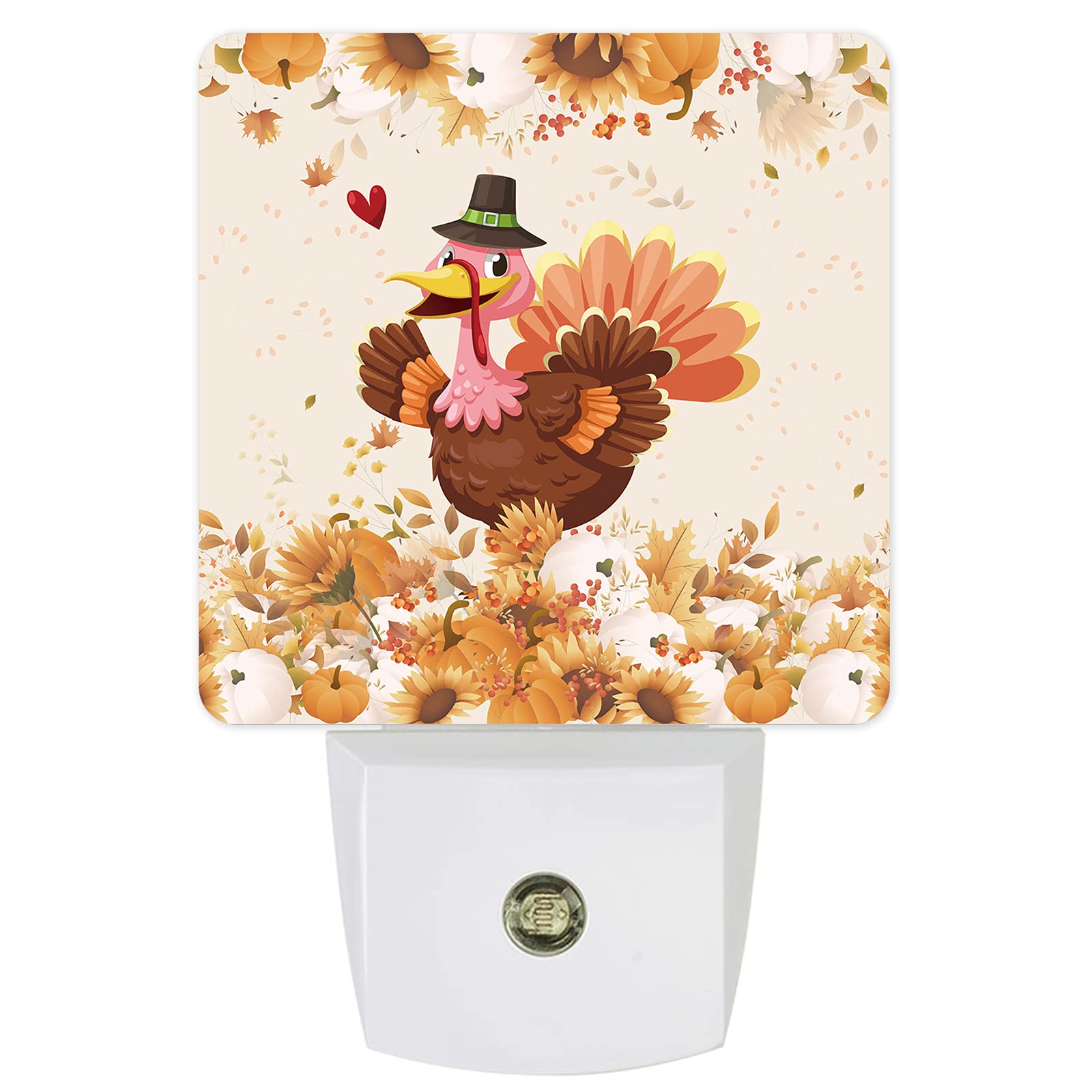 Night Light for Kids Plug into Wall LED Lamp Dusk-to-Dawn Sensor,Cartoon Turkey and Pumpkin Sunflowers Thanksgiving Baby Nightlight for Bathroom Nursery Bedroom Hallway Stairs Home Room Decor