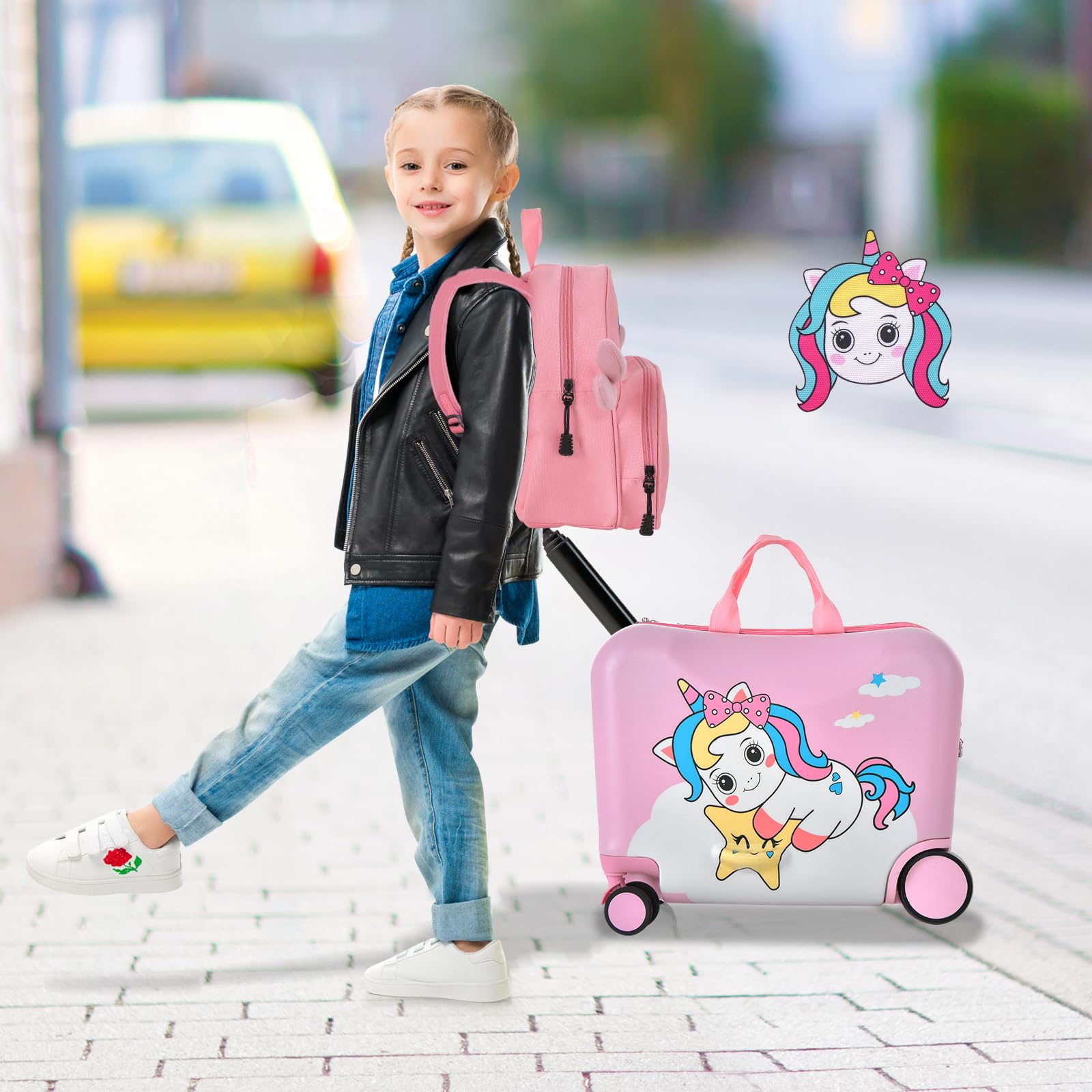 GOPLUS Valise Enfant Fille Garçon, Valise Enfant à roulettes 18" & Sac à Dos 12", Bagage Voyage Enfant d'Assise avec Repose-Pieds, Surface Étanche, Poignée Réglable, Motif Licorne Rose, Charge 50/8KG