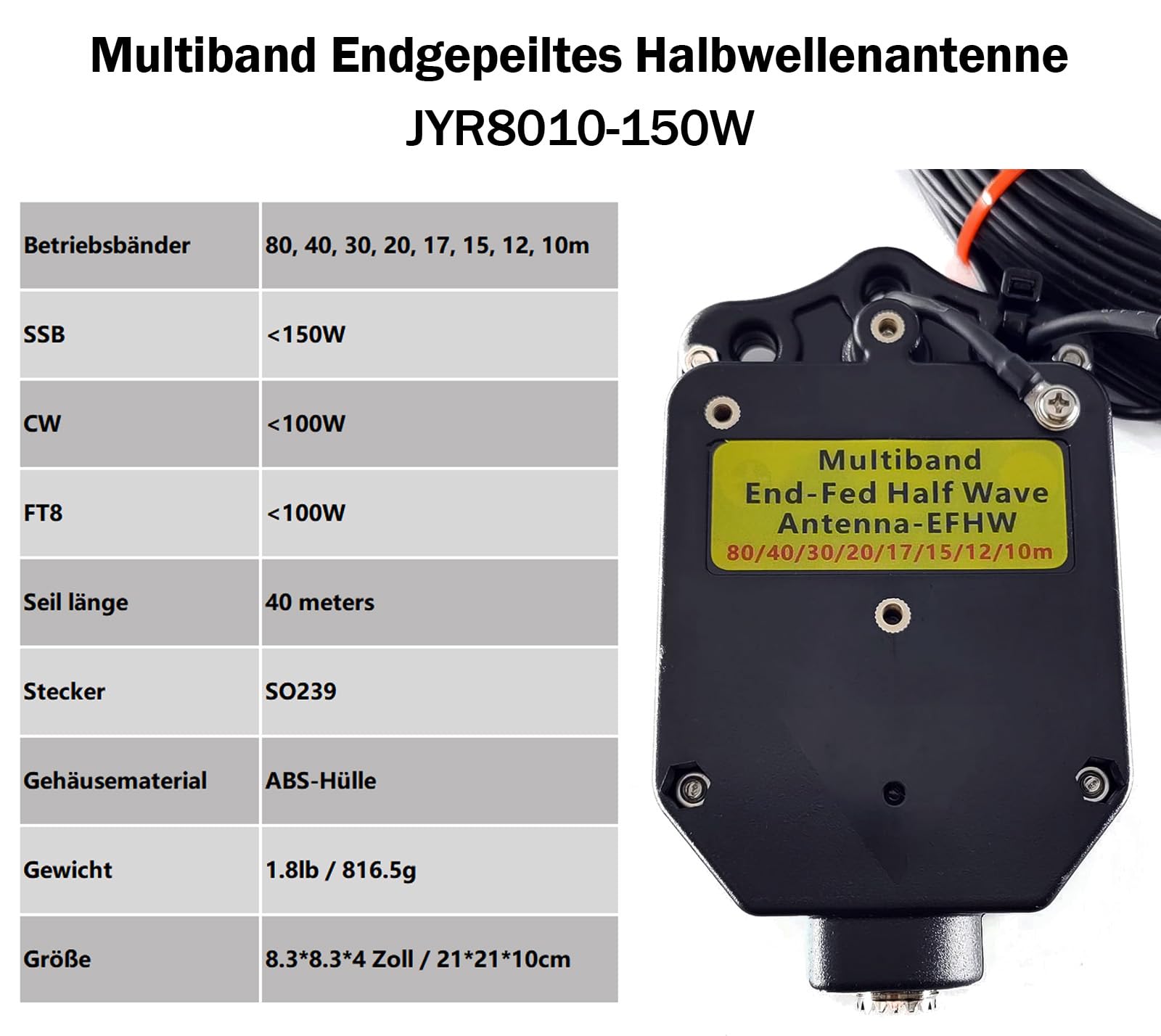 JYR8010-150W Endgepeiltes Halbwellenantenne für Amateurfunk, 150W Kurzwellenantenne, 8-Band 10m 12m 15m 17m 20m 30m 40m 80m Langdrahtantenne, 1:64 Balun ohne Abstimmung
