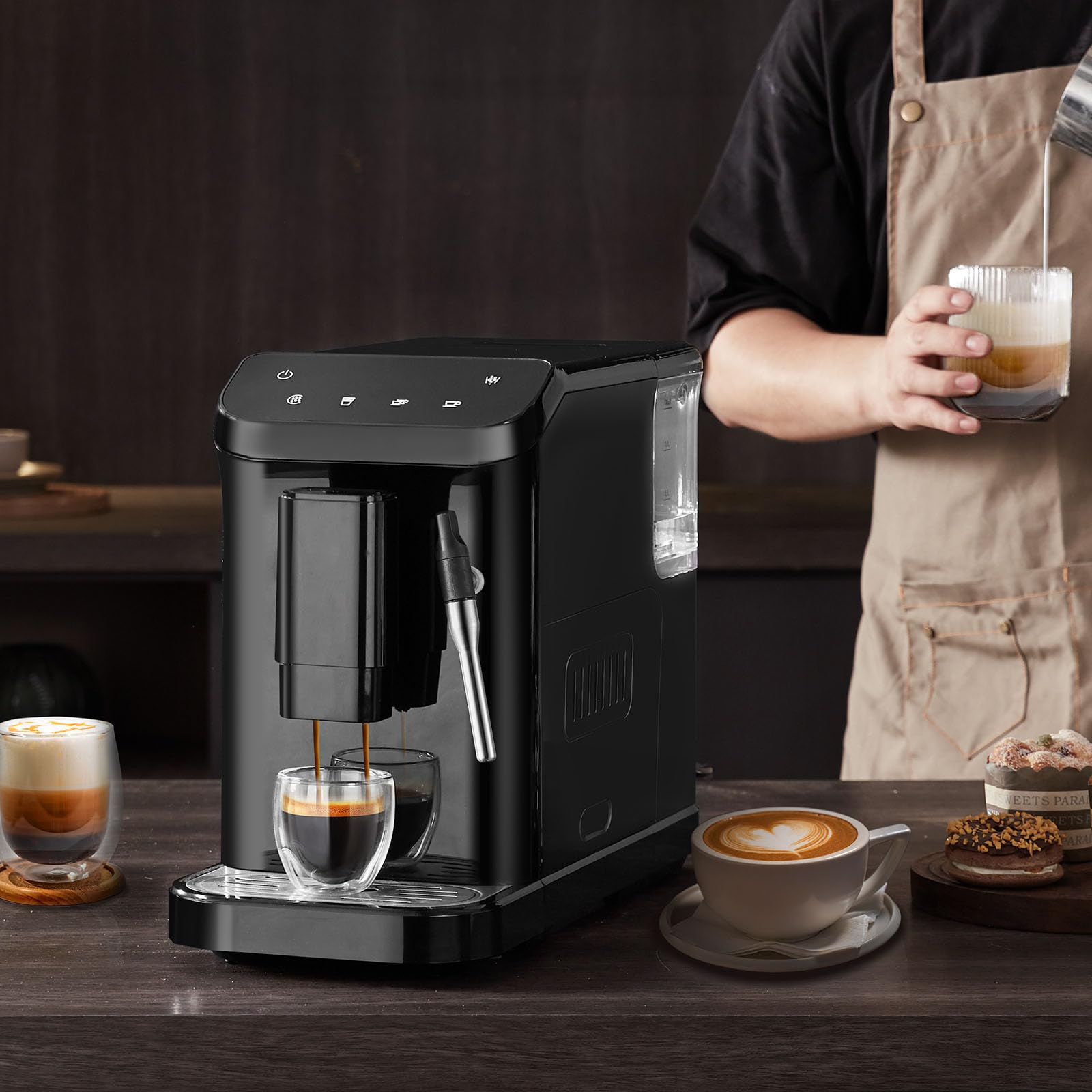 VEVOR Macchina per caffè espresso automatica, Macchina per caffè con lancia vapore, Macinacaffè impostazioni di macinatura a 15 livelli, Macchina per caffè espresso serbatoio dell'acqua 1,5 litri