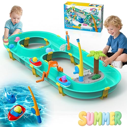 Neuytiky Tavolo da gioco d'acqua per bambini all'aperto, giocattolo acquatico con trivella, 37 pezzi per divertimento creativo in acqua, sistema AquaPlay per bambini dai 3 anni in su