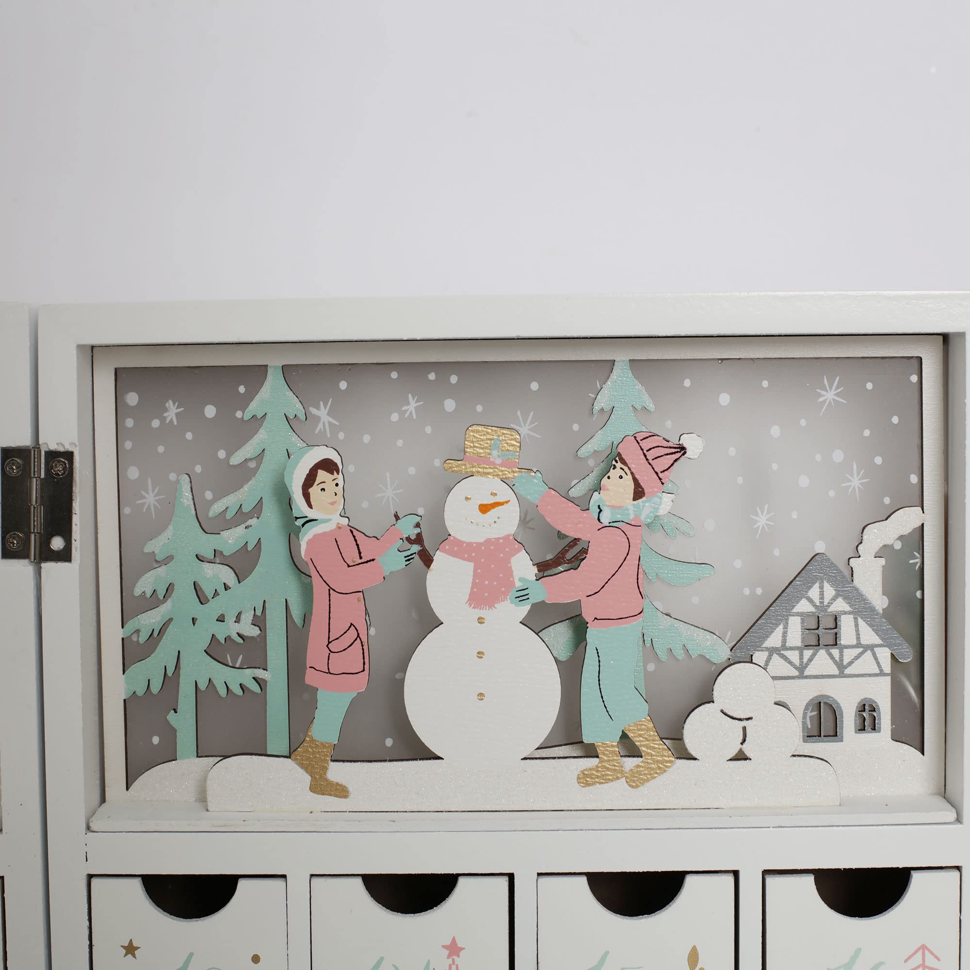 PE Calendario de Adviento de madera de Navidad con cajones, escena de invierno, calendarios rellenables con luz LED, decoración de cuenta regresiva para adultos y niños (blanco)