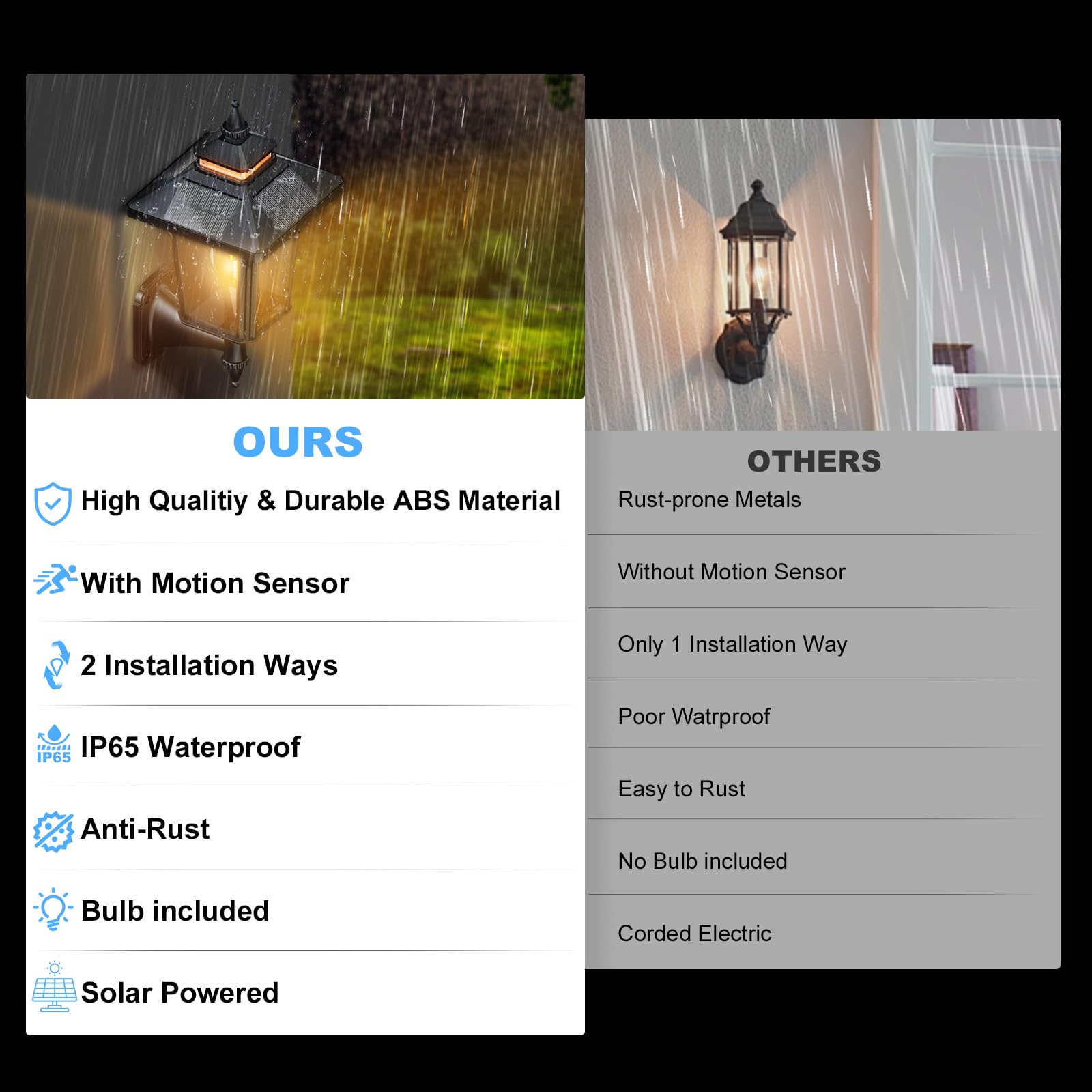 Moman Zewnętrzne lampy solarne, vintage, zewnętrzna lampa solarna z czujnikiem ruchu, 3 tryby IP65, wodoodporna, do ogrodu na patio, 2 szt., projektor solarny i zewnętrzny, oświetlenie lampy