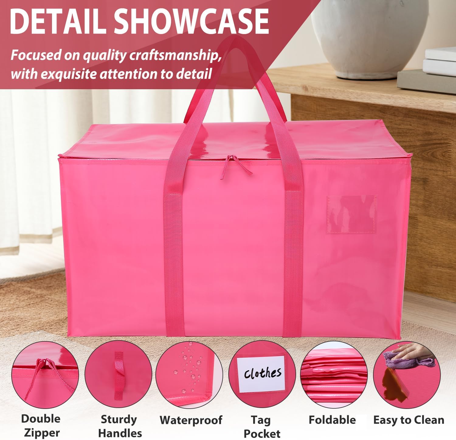 6 Pack Moving Bags Heavy Duty, Extra Large Moving Bags, Moving Supplies, Storage Bags with Handles and Zippers, Waterproof Totes for Storage Space Saving Packaging Shipping and Travel(Pink) - Image 3