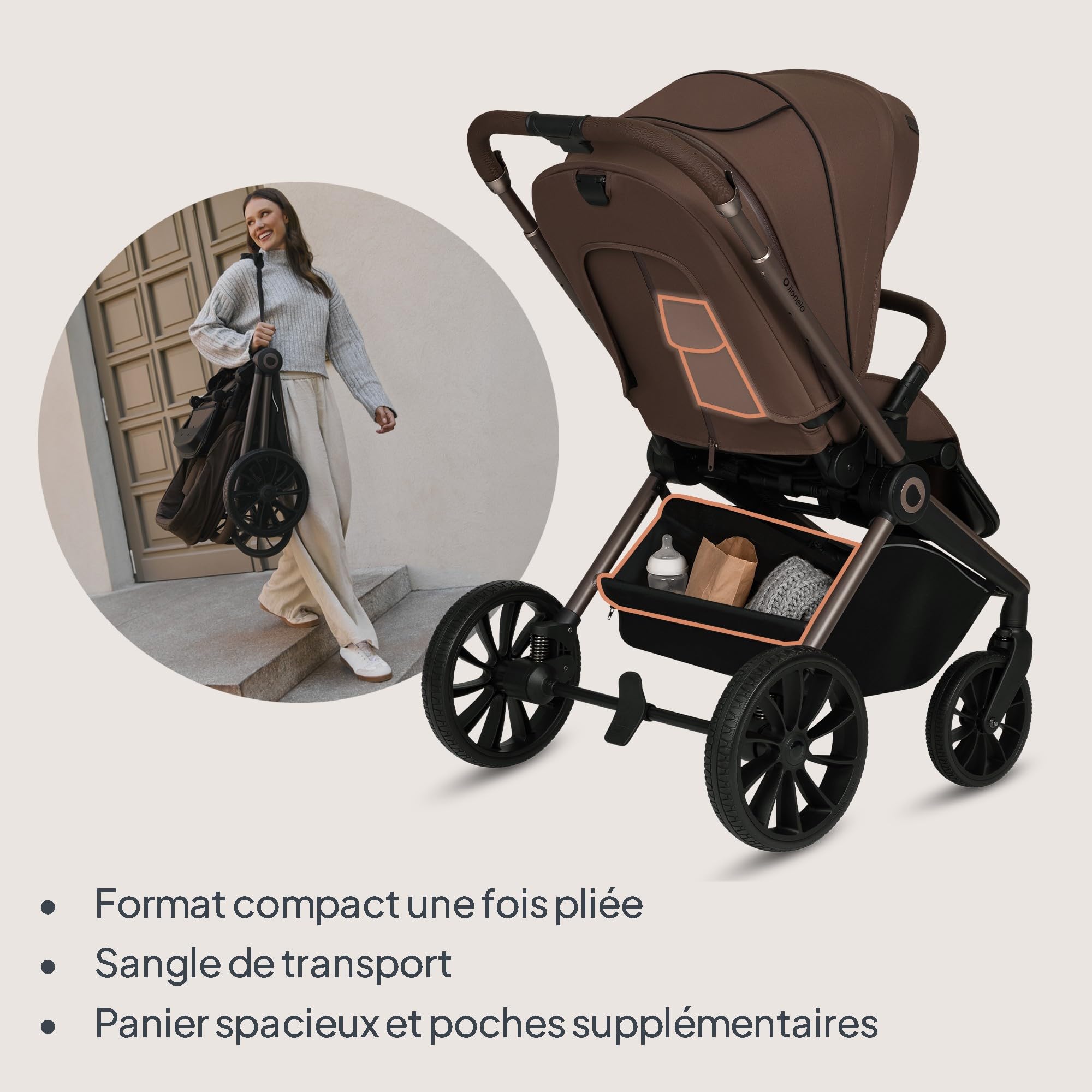 LIONELO MIKA PLUS 3 en 1 Poussette 0-48 mois jusqu'à 22 kg Nacelle 9 kg Siège Auto Roues 360° PU Auvent XXL Mocha Mousse