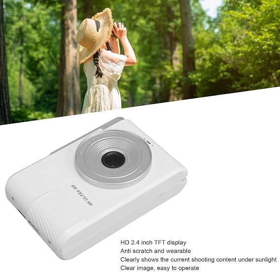 Digital Camera, Upgrade 48MP 4K Digital Camera with 2.4 Inch Screen, Cute Digital Point and Shoot Camera with 16X Zoom Anti Shake for Boys Girls (White)