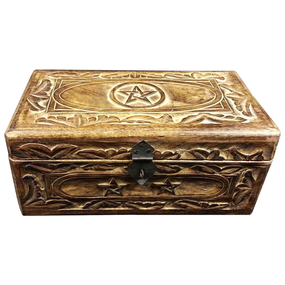 Shiva Wooden Pentagram Chest - Hand Carved Wood Jewellery And Storage Box - Small