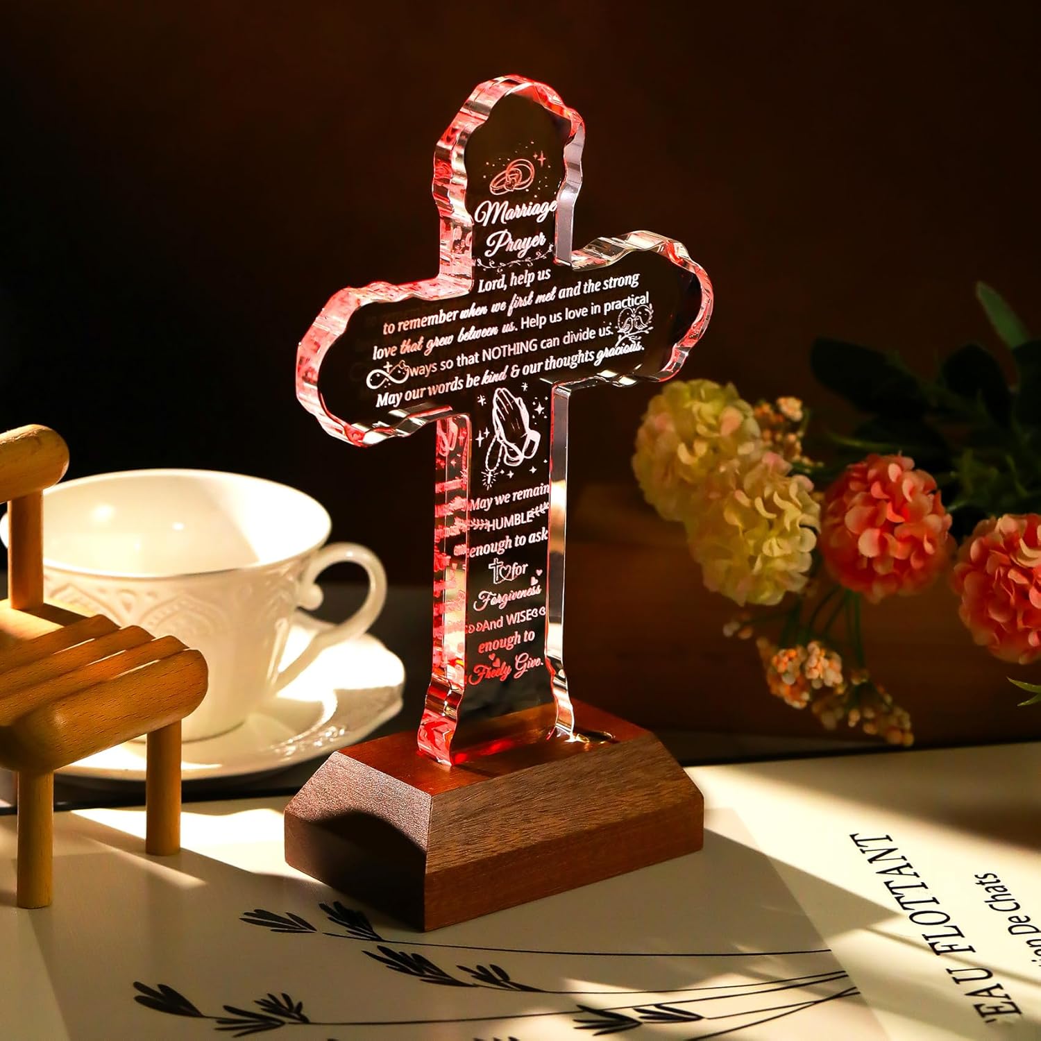 Ornalrist Glass Stand Cross Wedding Gifts for Couples 2026 with Colorful LED Base, Marriage Prayer Gift with Inspirational Quotes Anniversary Religious Newlyweds Engagement Bridal Shower Gifts for Bride and Groom