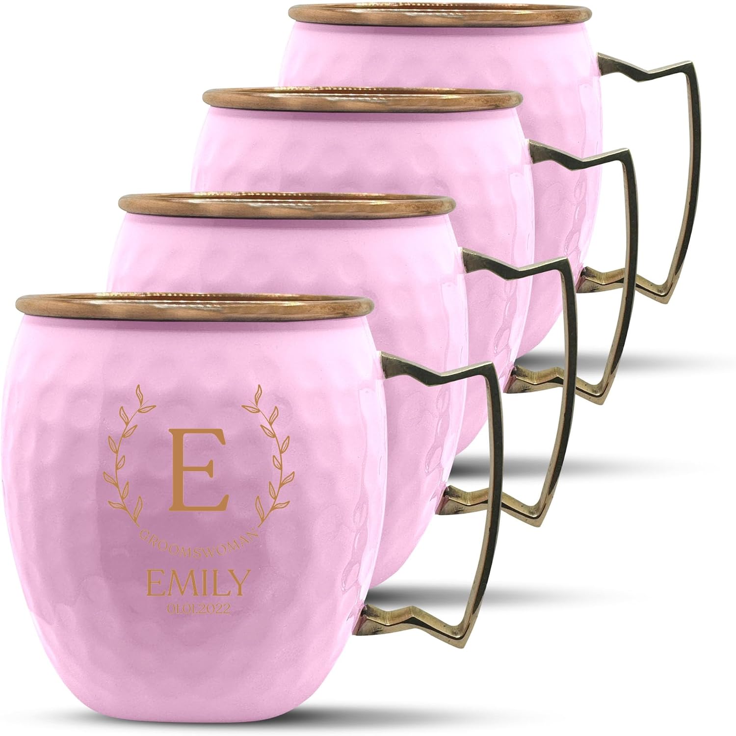 Custom 100% Copper Moscow Mule with Hammered Painted Finish - Engraved Bar Style Cup with Personalized Groomswomen Monogram Leaves Arch Wedding Themed Engraving, Brass Handle | 18 oz, Pink