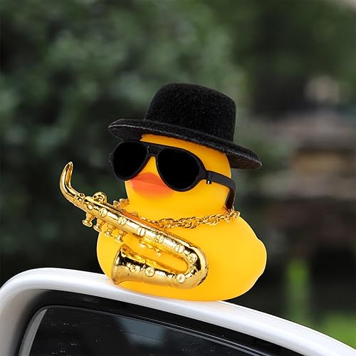 Miniatura 41 de wonuu Pato de goma para automóvil, decoración de pato amarillo con sombrero de sol, collar, gafas de sol para decoración de tablero de automóvil