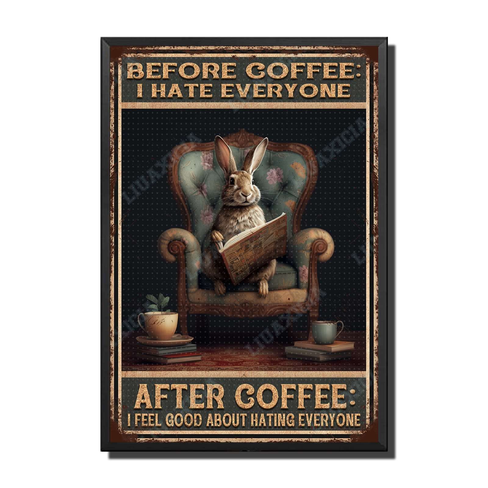 peiyeety Metal Tin Sign Before And After Coffee Rabbit Vintage Decorative Wall Art,Retro Funny Coffee Lover Rustic Plaque for Home Kitchen Living Room Office,6x8 Inch