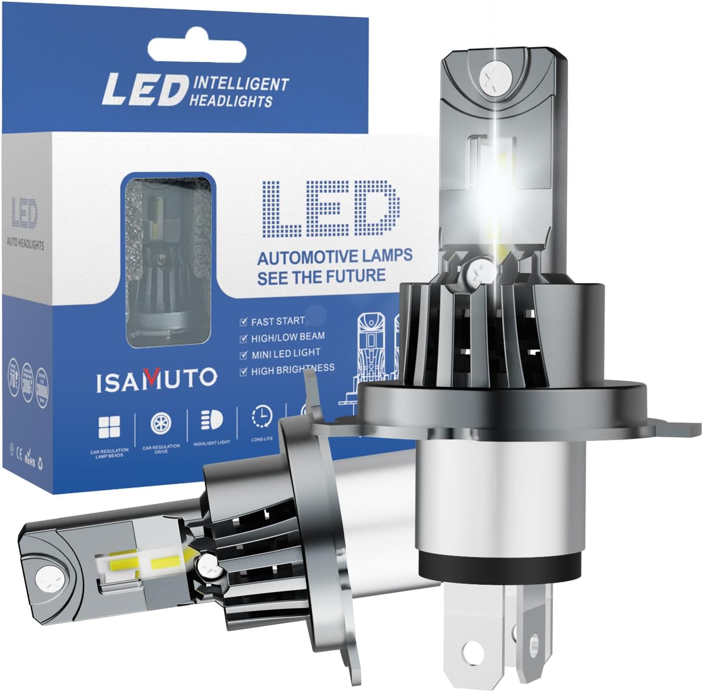 H4 Bulbs, 300% Brightness 10000 LM 6500K Cool White, Upgraded Lamp Design Fog Lights Bulb with Cooling Fan, Canbus Non-destructive Installation Plug and Play, Pack of 2