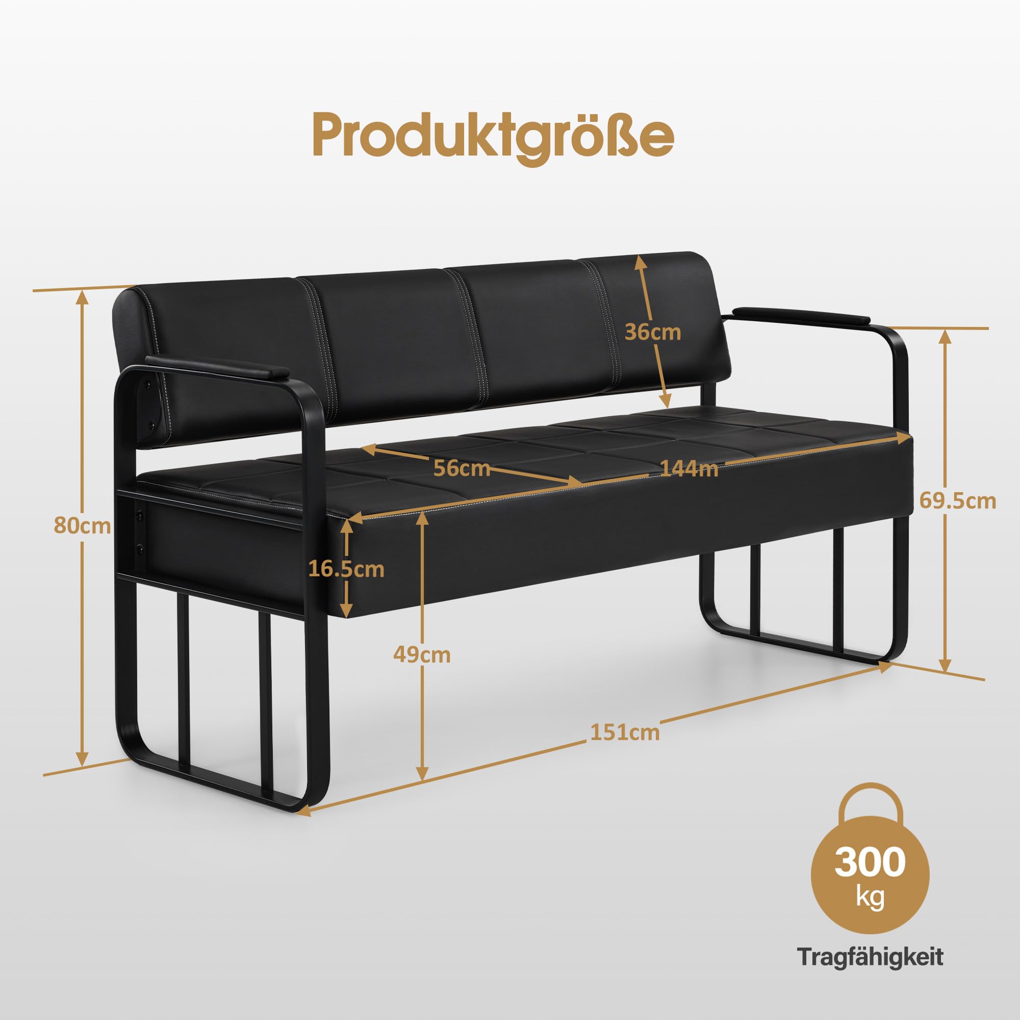 Barberpub Panchina a 3 posti con braccioli nero opaco, panca imbottita con schienale, larghezza seduta 144 cm, panca d'attesa per parrucchiere, panca da soggiorno W528 (Nero/pelle sintetica)