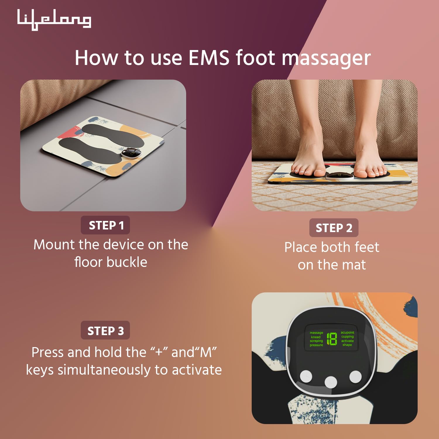 Lifelog EMS Foot Masagar - Electric Foot Master Machine for Relief from Pain with Remote - 8 Mode, 19 Strequent Level - Religious, Wireless, Portable (Multicolor) Lifelog EMS Foot Masagar - Electric Foot Master Machine for Relief from Pain with Remote - 8 Mode, 19 Strequent Level - Religious, Wireless, Portable (Multicolor)