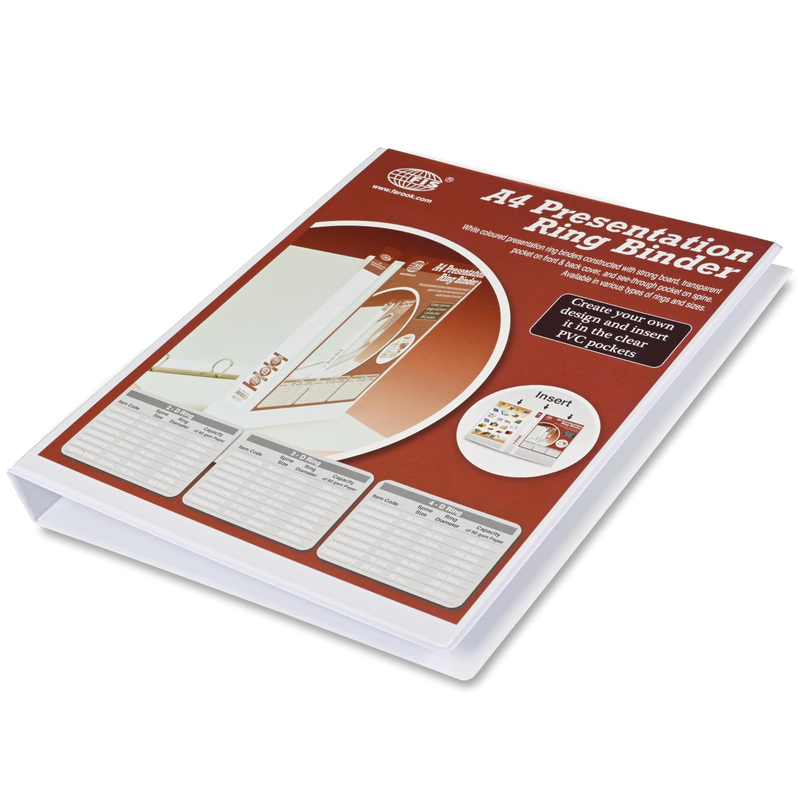FIS® Presentation Binder, A4 Size(210x297mm), 2[D]Ring Type, 15mm Ring Size, 1.25" Inches Spine with Clear PVC Pocket For Easy Insert Your Label Design, 1 Piece, White Color-FSBD215DPB