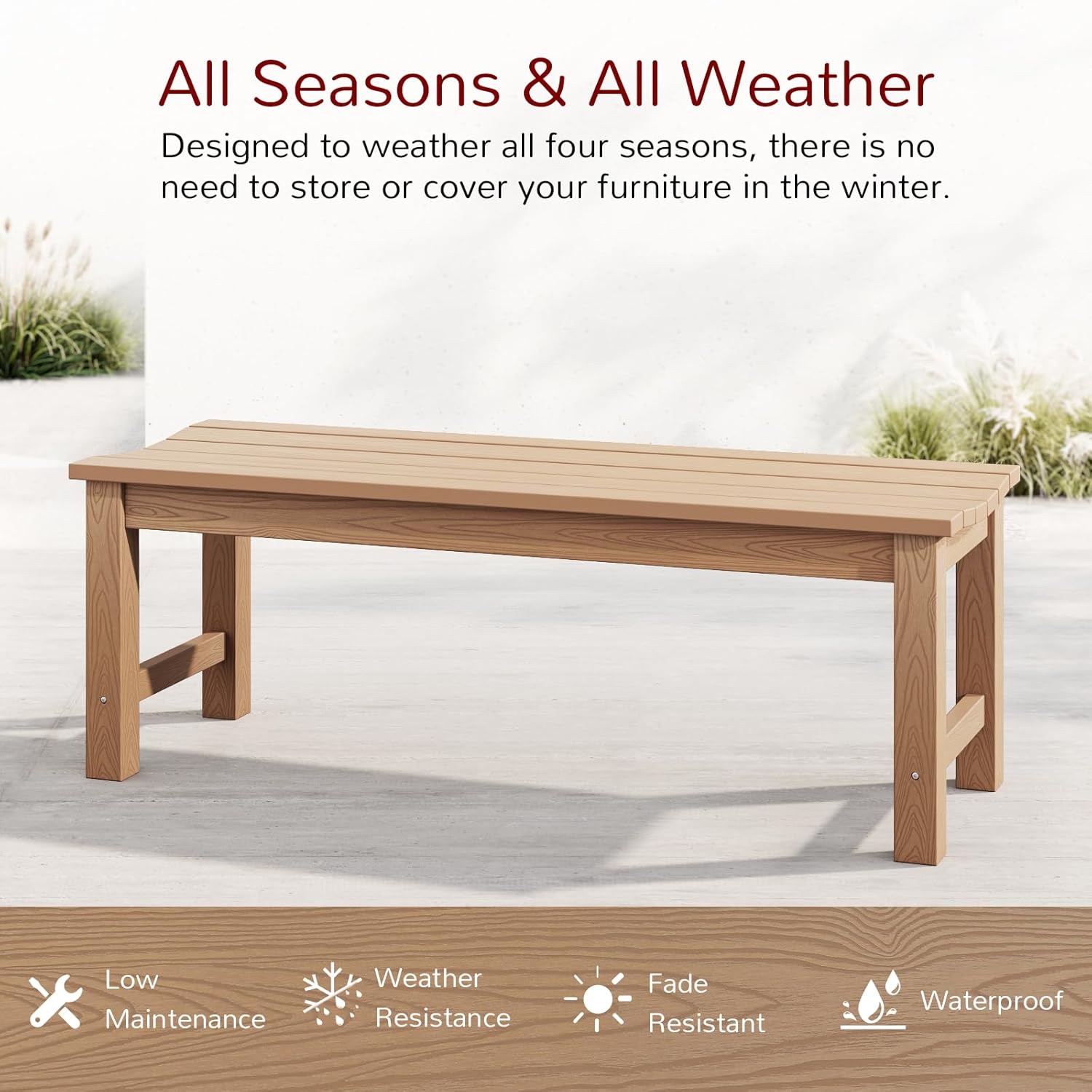 Stoog Outdoor Bench, 2-Person Patio Backless Bench with 800 lbs Weight Capacity, All-Weather HIPS Garden Bench, Enteyway Bench, Never Rot or Fade, Teak