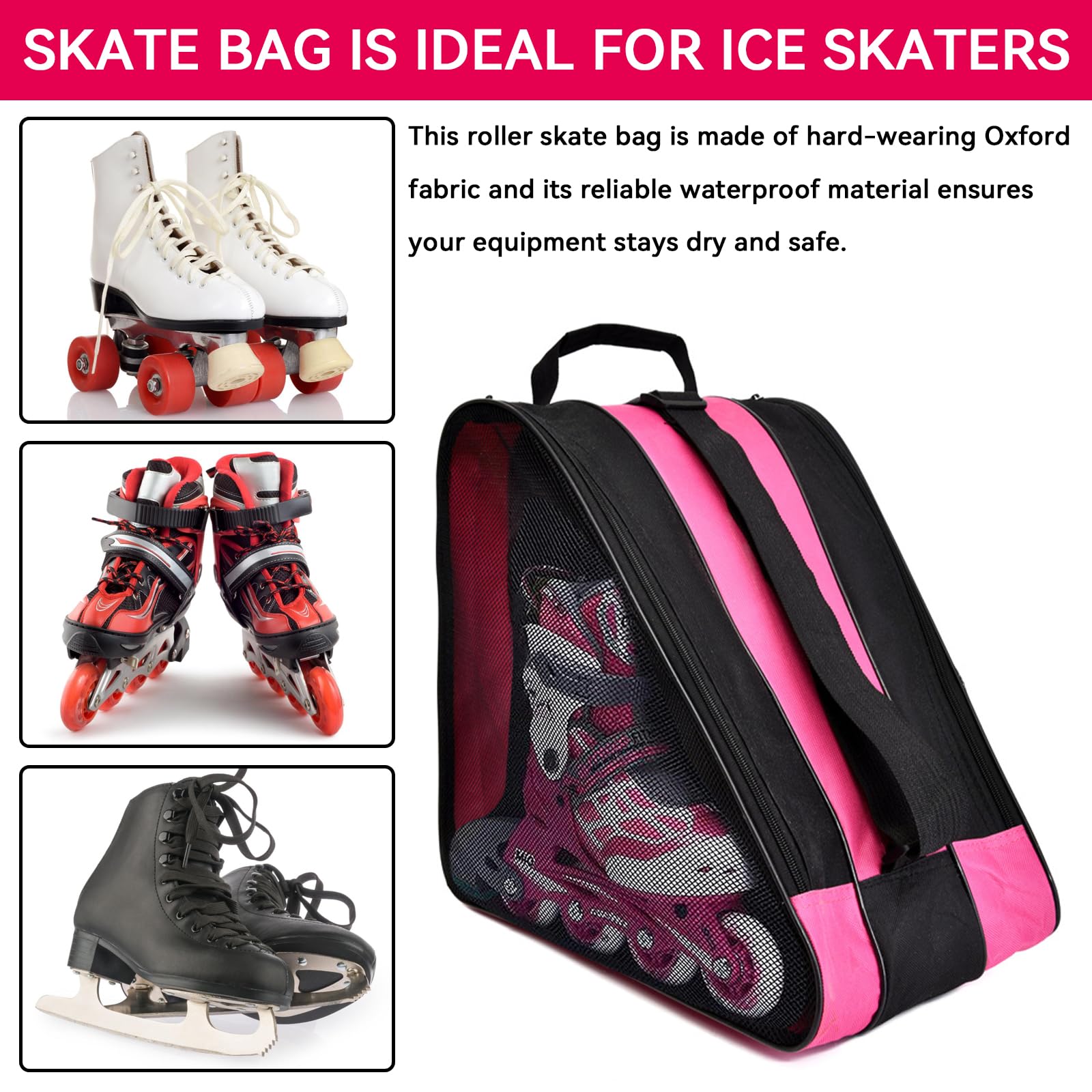Sac de Patin à Roulettes, Design à Trois Compartiments Sac de Chaussures de Patinage, Sac à Patins avec Maille Respirante, Sac Roller Sac de Patin à Glace Unisexe avec Bandoulière Réglable (Rose)