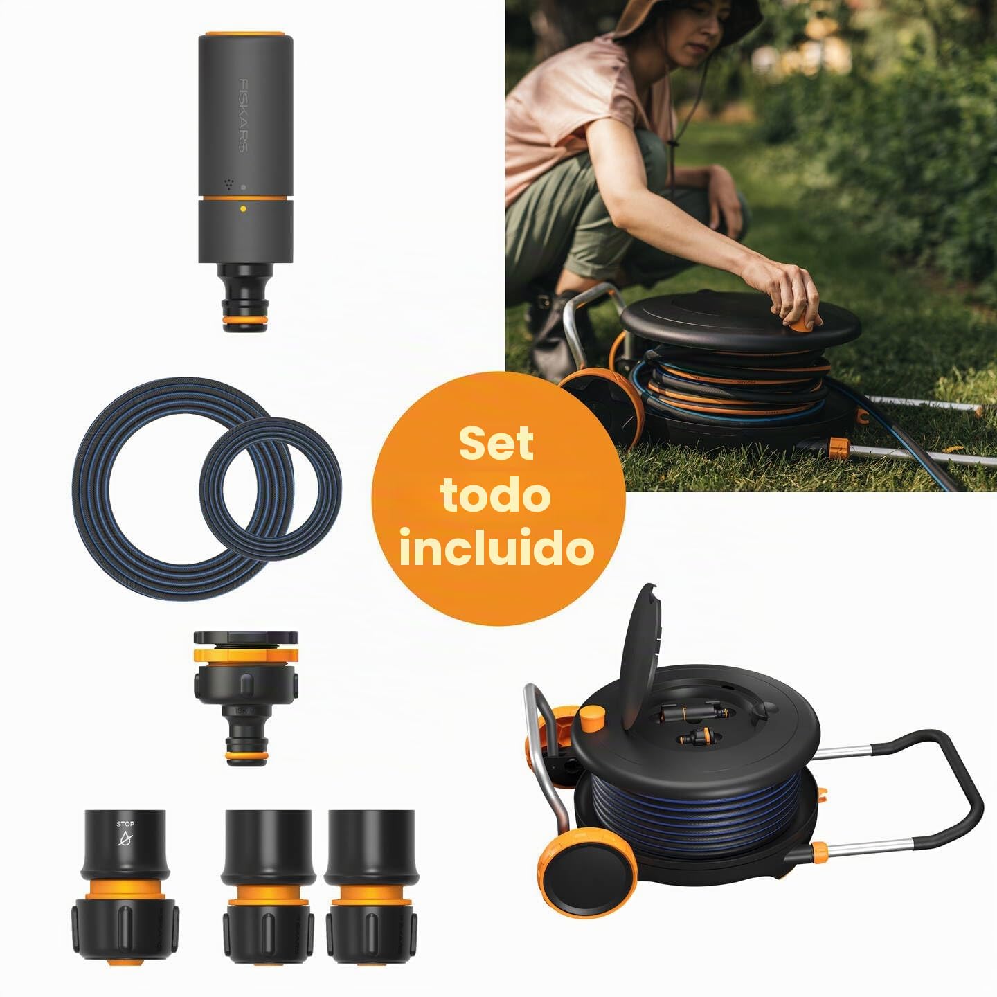 Fiskars Comfort Carro portamanguera Waterwheel L | 31,5 m de alcance total, enrollado automático, conector universal para grifo, 1071670