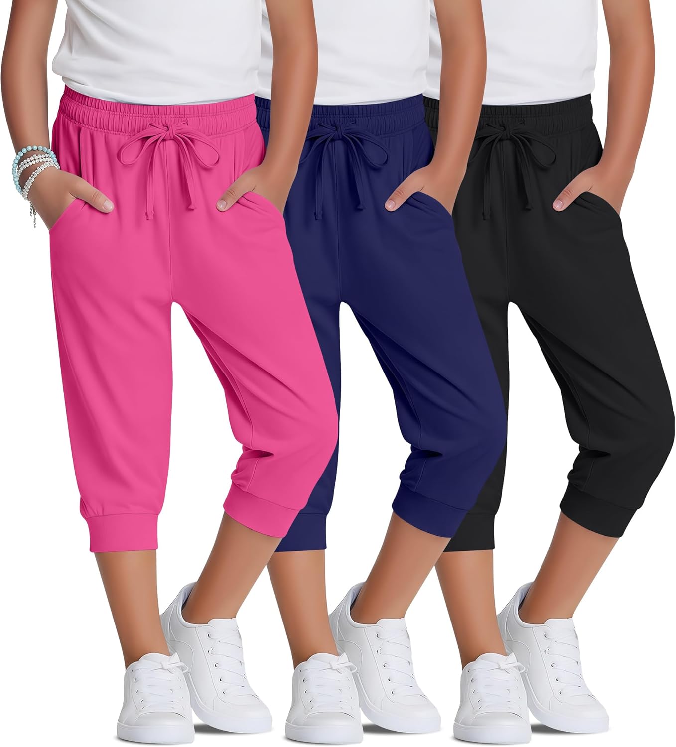 3 Pack Girls Capri Joggers Casual Teen Drawstring Cropped Sweatpants Summer Kids Lightweight 3/4 Pants with Pocket