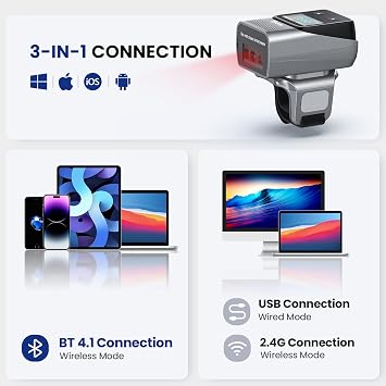 Eyoyo 2D 1D Mini Wearable Finger Ring Bluetooth Barcode Scanner with Screen