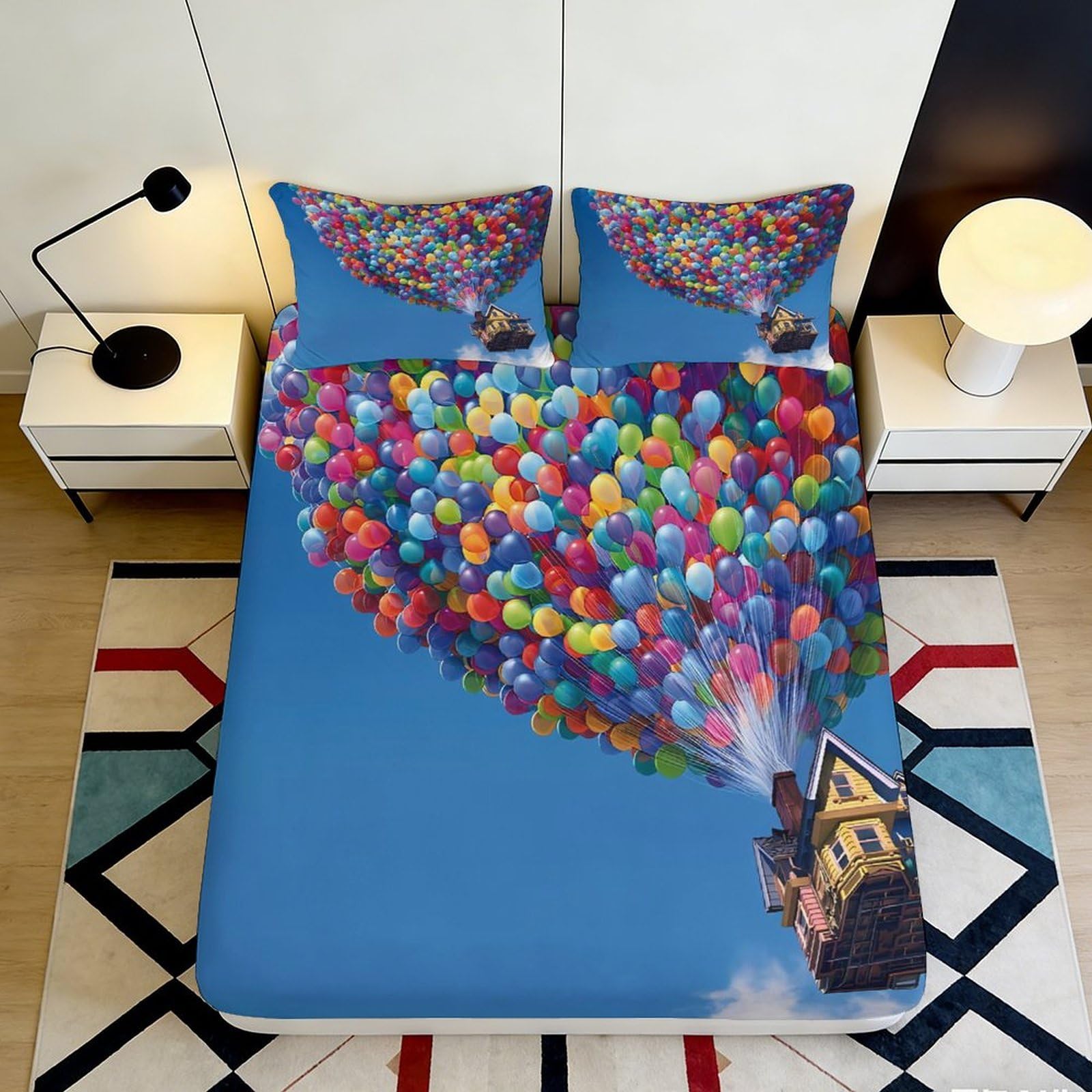3D Printed Colorful Balloon Fitted Sheet Microfiber Soft Breathable Sky Balloons Bed Cover for Dormitory Guest Room Mattress Protection Home Decor 120x200x25cm