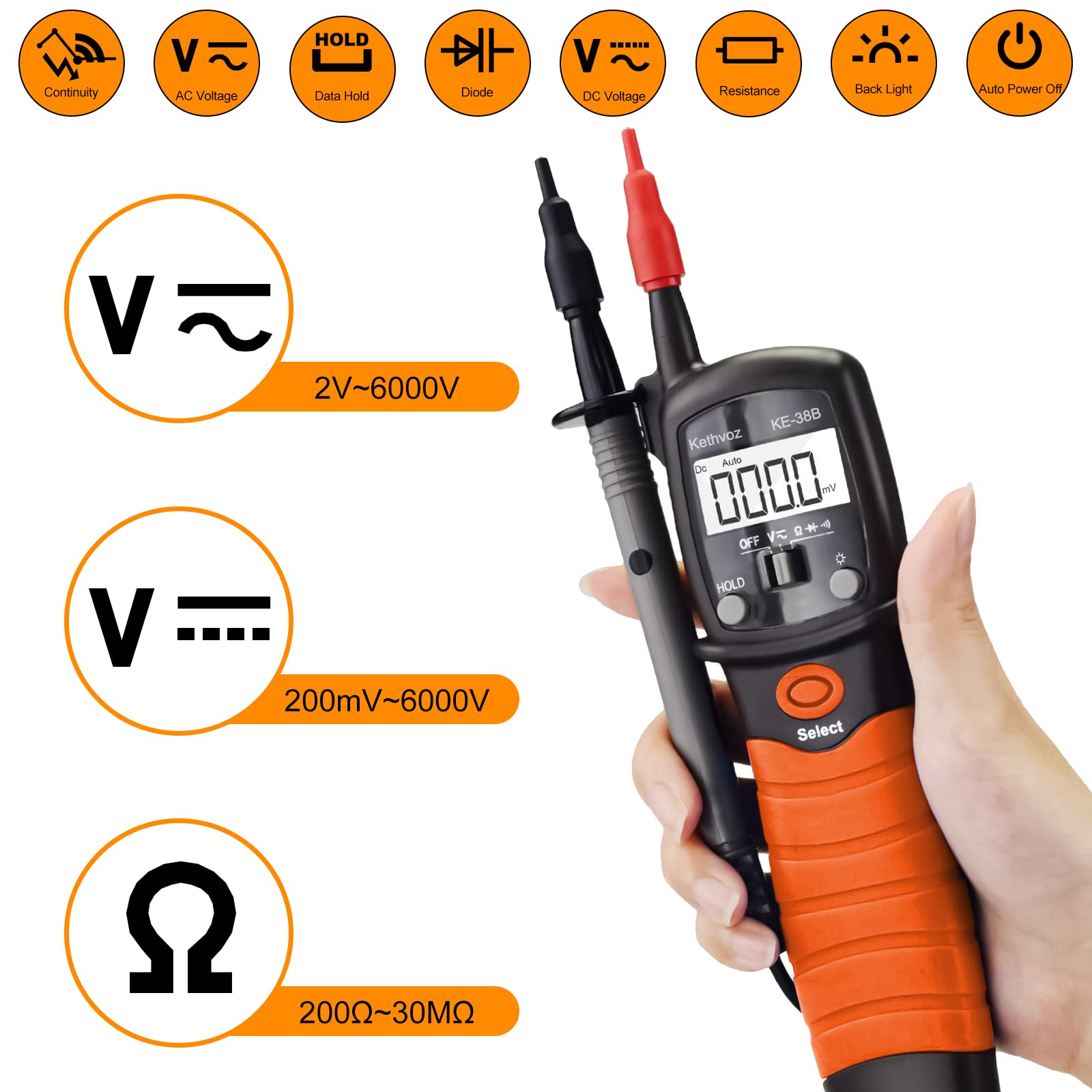 Zweipolig Spannungsprüfer Durchgangsprüfer, Kethvoz Digitales Multimeter 600V Voltmeter Messen AC/DC Spannung Widerstand Diode, Elektrisch Messgerät Spannungsmesser KE-38B