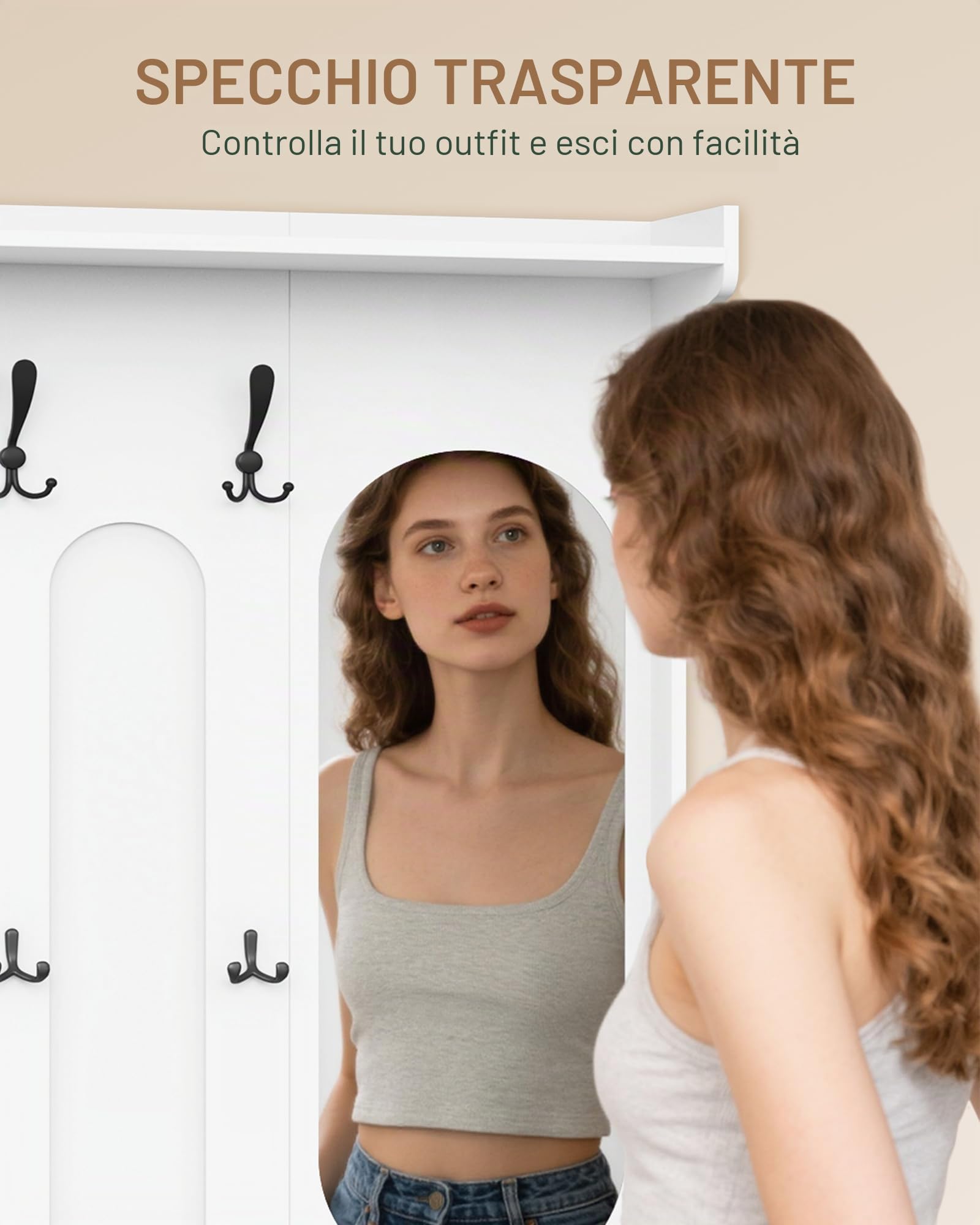 Hzuaneri Appendiabiti, Panca Porta Scarpe, Specchio, Bianco | Armadio, Porta scarpe, 10 ganci, ripiani regolabili, autoportante, per ingresso, corridoio, 35,5 x 100 x 185 cm, HT23503X