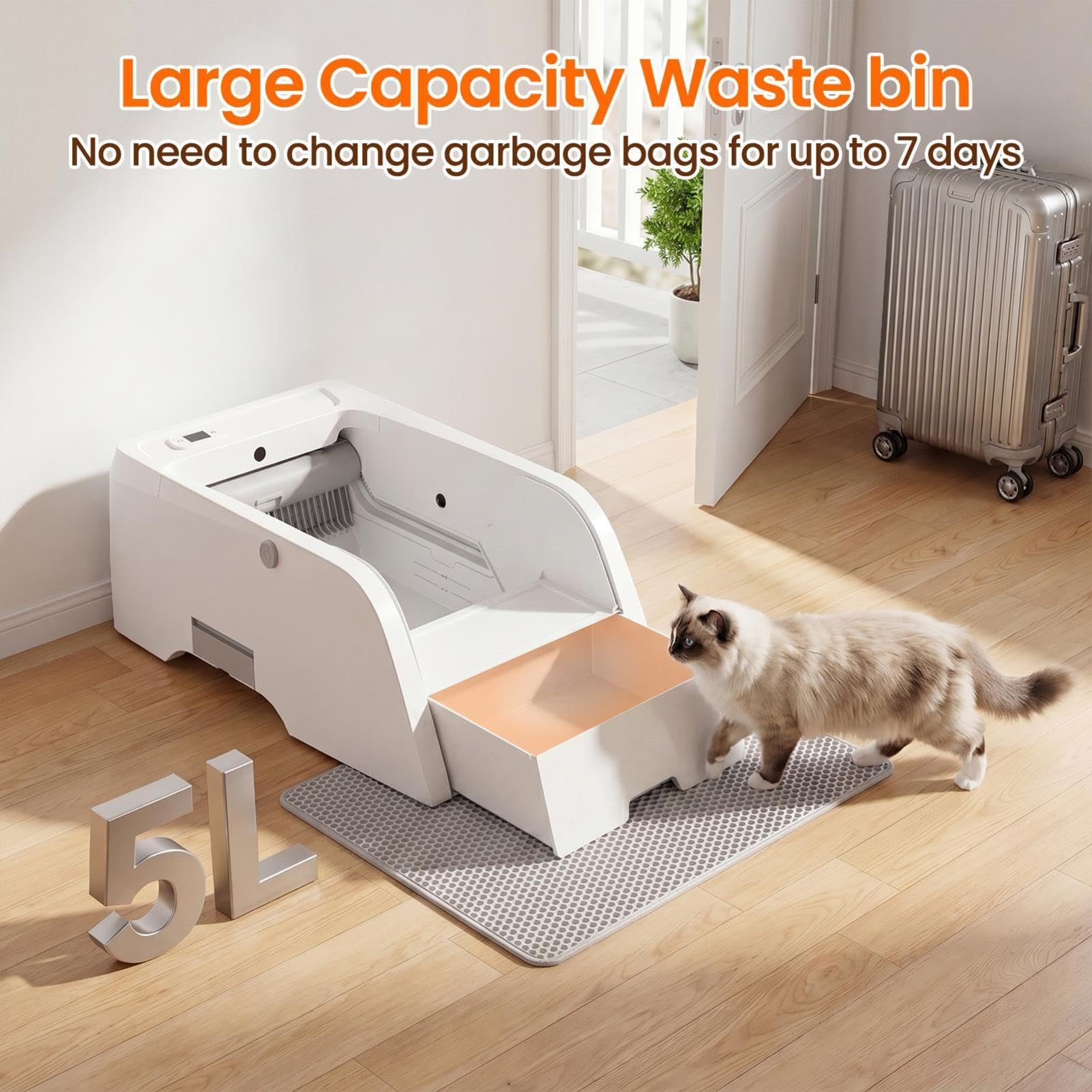 Arenero Automático para Gatos Autolimpiable 5 L con App – Control de Olor y Luz UV, Diseño Abierto para Gatos Grandes y Varias Mascotas, Bandeja Inferior Antifugas