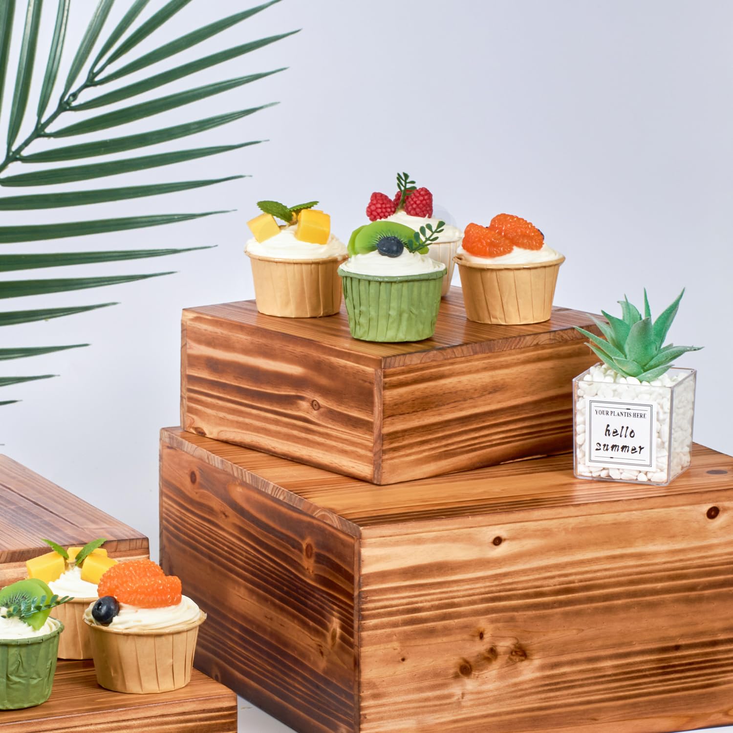 DAOYOUSKY Set di 4 alzate in legno rustico per torte e cupcake, espositore quadrato in legno per matrimoni, feste a buffet, espositori per dessert, cibo, biscotti, mostre artigianali, bruciati