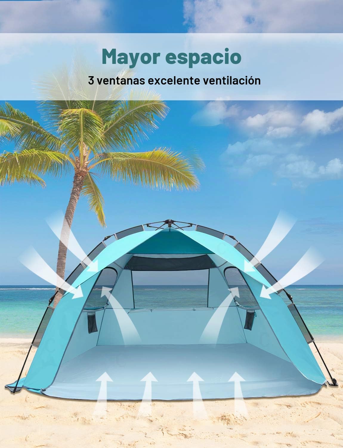 Glymnis Tienda de Playa para 4 – 6 Personas, Carpa Hidráulica Automática Portátil Protección Solar UPF 50+, Proteccion UV, Ventilación con Bolsa de Transporte para Exteriores Picnic