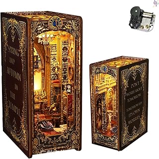 3D Wooden Book Stand Puzzle DIY Dollhouse Wood Bookends Book Nook Model Building Kit with LED Light for Teens and Adults to Build-Creativity Gift for Birthdays Christmas Halloween (SL05)