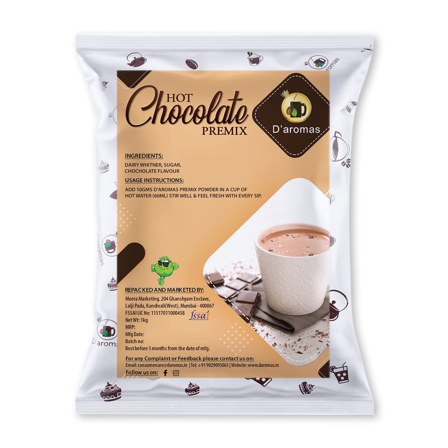 D'aromas Hot Chocolate Premix Instant Drink 1kg|Rich in Taste - Just Hot Water|Suitable for all Vending Machines