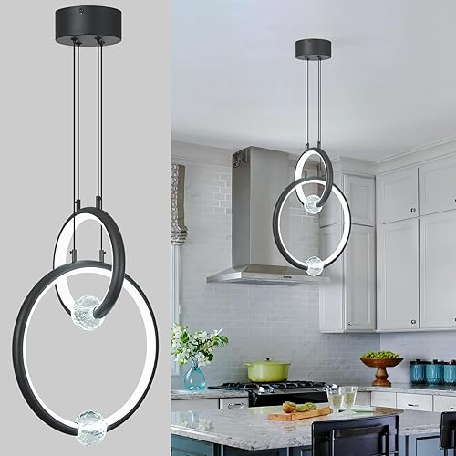 Lámpara de araña moderna, lámpara colgante LED regulable de 2 anillos de 6000 K, altura ajustable, luz colgante de techo, luces colgantes negras,