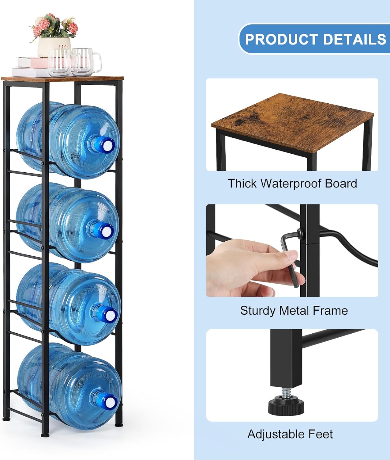 Water Bottle Holder 5 Gallon Water Cooler Jug Rack 4 Tier Water Jug Organizer with Storage Shelf Heavy Duty Water Jug Stand for Kitchen Living Room Office Breakroom, Rustic Brown