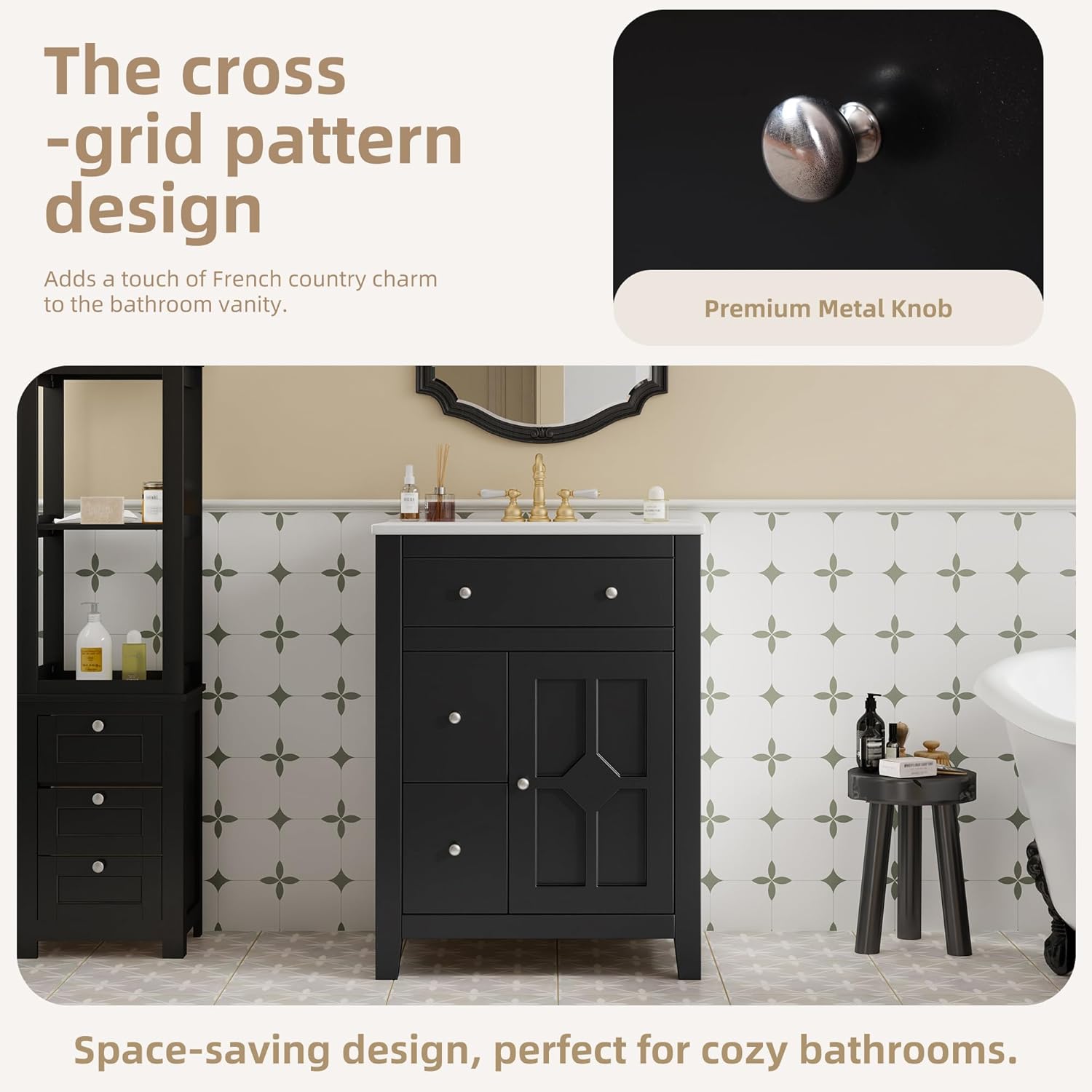 Virubi Bathroom Vanity with Ceramic Sink – 24 Inch Modern Cabinet with White Countertop, Storage Drawers & Doors – Faucet Not Included – Elegant Vanity for Bathroom, Powder Room, or Guest Bath