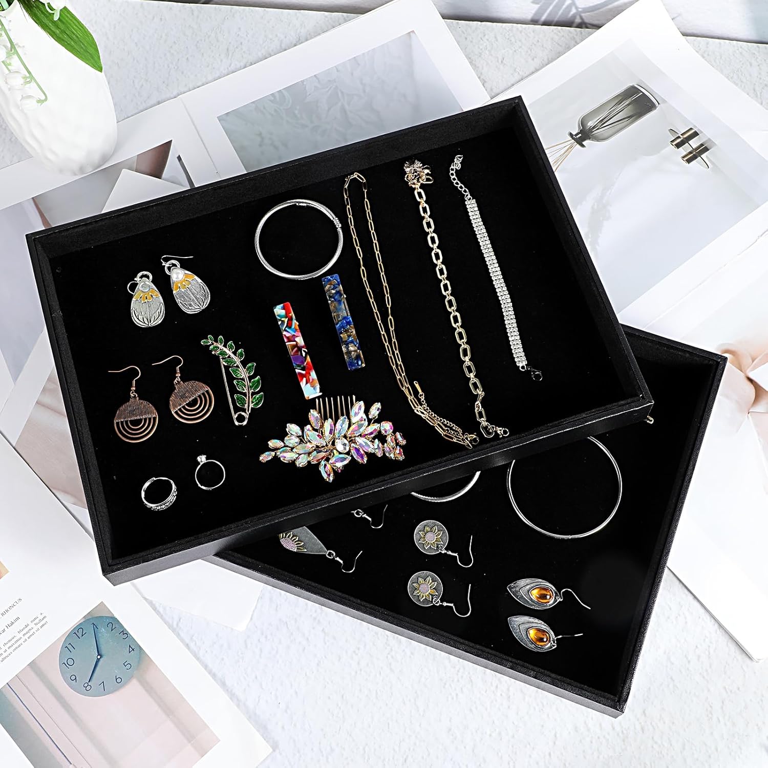 Velvet Jewelry Trays 4 Pcs Black Stackable Jewelry Organizer Trays for Earring Necklace Bracelet Ring Jewelries Storage Display Case