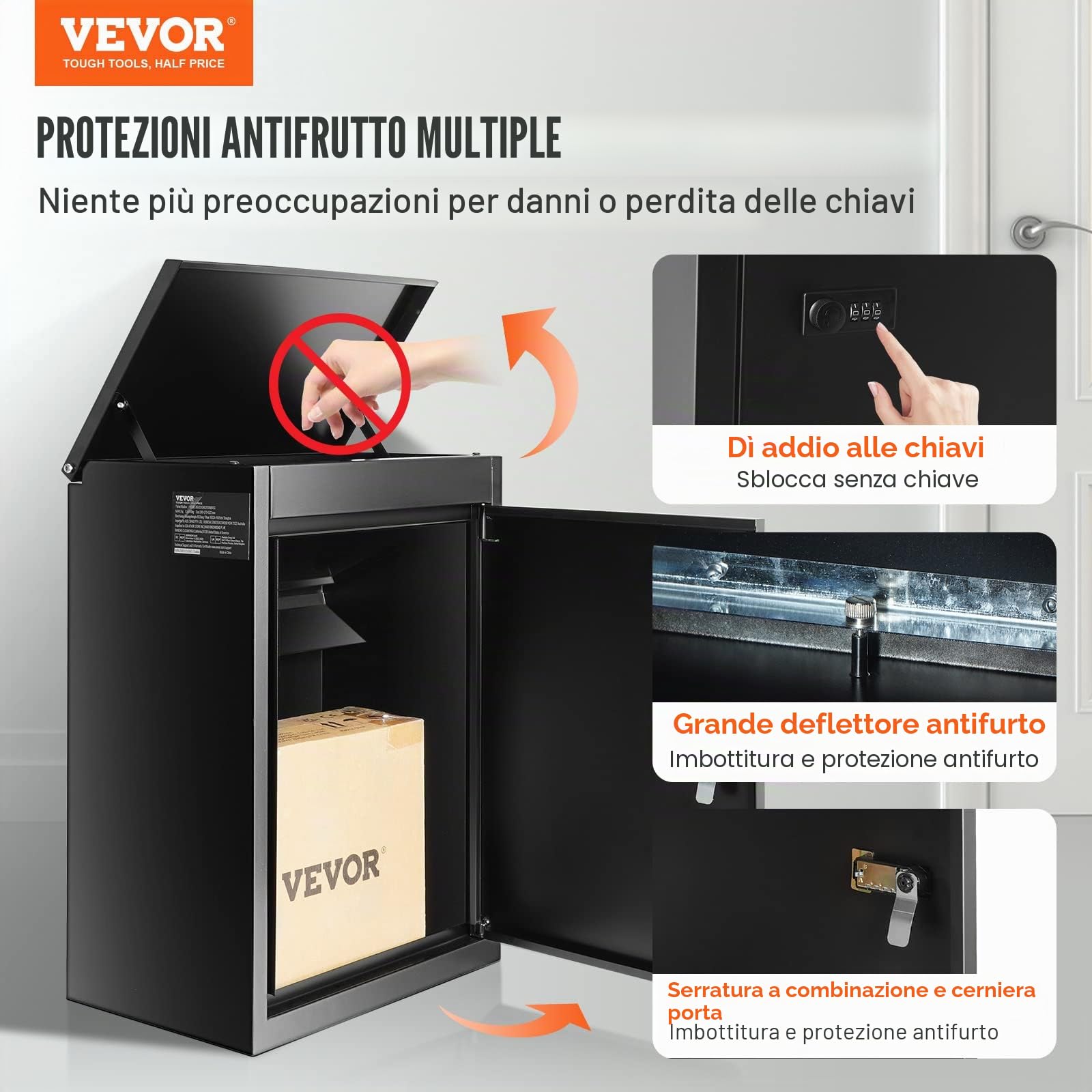 VEVOR Cassetta Postale per Pacco da Parete in Acciaio Zincato con Serratura a Codici 39x27x52,2 cm Capacità Carico 15-20 kg, Cassetta Murale per Pacchi Dimensioni max. per Pacco da 34,6x19,8x19 cm