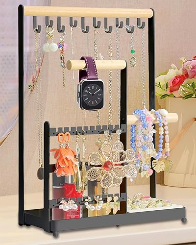 Miniatura 8 de Organizador de joyas, organizador de joyas con 36 organizadores de aretes y 10 soportes para collares, soporte para anillos de terciopelo y plato de