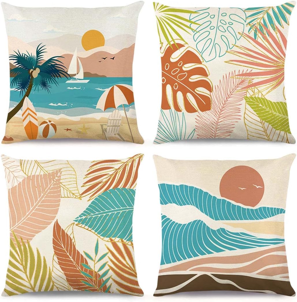 Juirnost Tropical Beach Pillow Covers 18x18 Set of 4 Palm