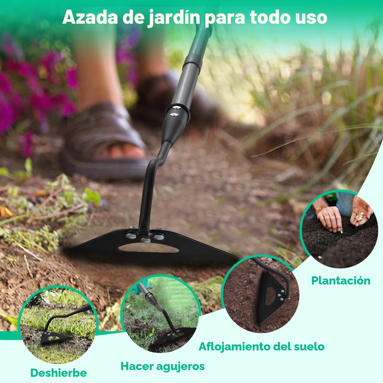 Azada de jardín, azada de jardín con mango de 140 cm, azada hueca endurecida para eliminar malezas, aflojar el suelo, cavar, plantar, hacer surcos, práctico dispositivo para eliminar malezas