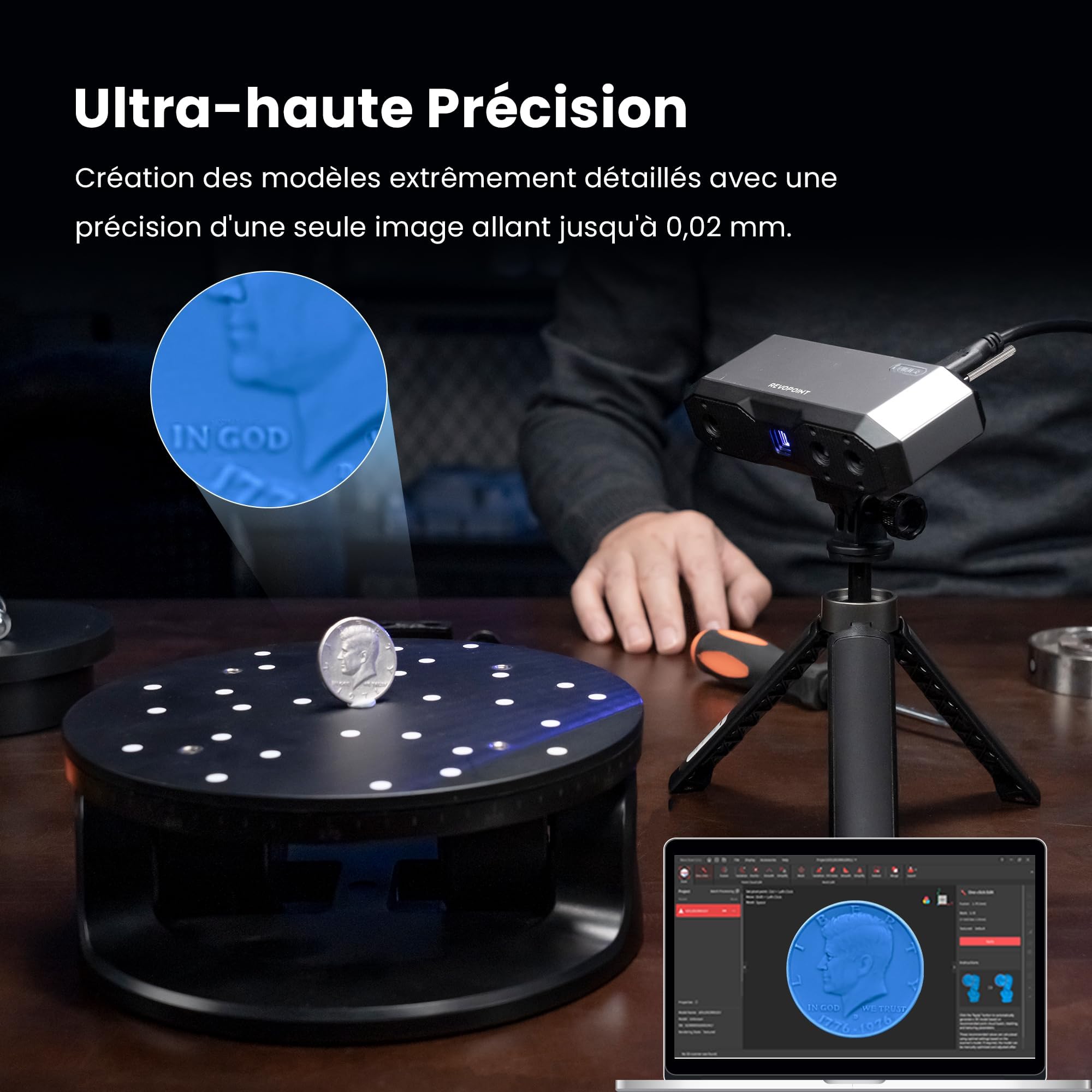 Revopoint MINI 2 Scanner 3D pour Impression 3D,Précision Jusqu'à 0,02 mm,Scan Rapide à 16 ips,Scanner 3D Portable à Scan Couleur pour Dentisterie, Standard