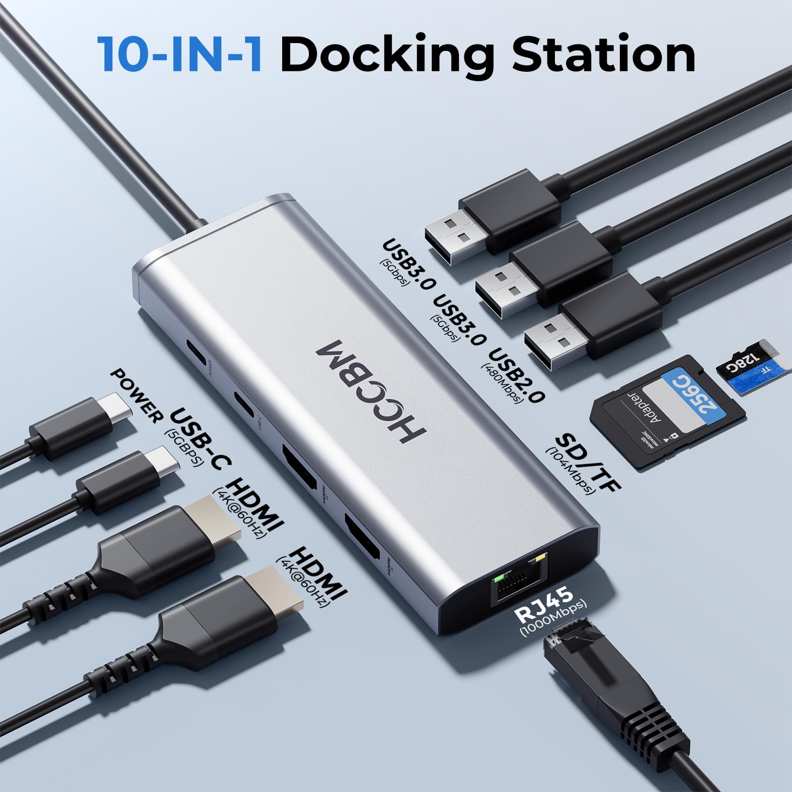 Stacja dokująca USB C, adapter z dwoma monitorami HDMI, 10 w 1 USB C Hub Dongle Dock z 2 HDMI 4K przy 60 Hz, ładowanie PD, SD/Micro SD do laptopa, MacBooka, HP/Dell/Surface/Thinkpada