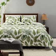 HORIMOTE HOME Tropical Plants Quilt Set Queen Size 3 Pieces, Green Palm Leaves Rainforest Style Fine Printed Reversible Bedspreads Bedding Sets, Soft and Lightweight Bed Coverlet for All Season