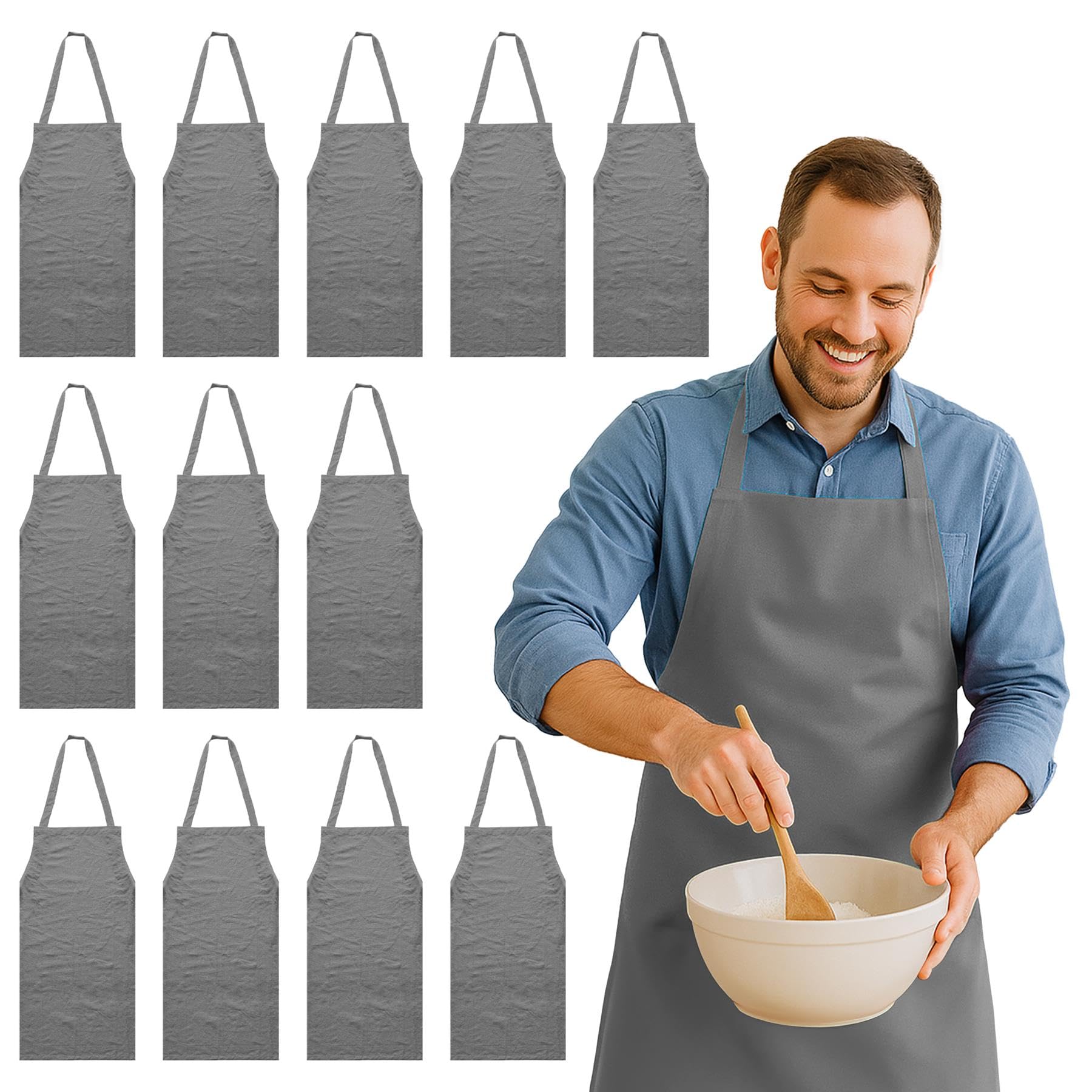Nicola Spring Unisex Grey Cotton Kitchen Bib Aprons - One - Pack Of 12 In 12In