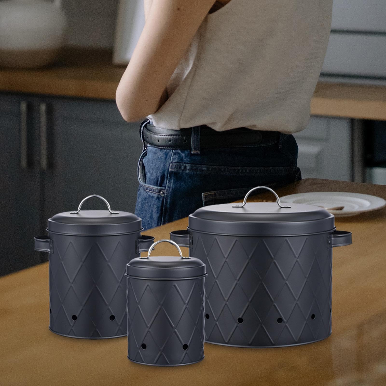 3-teiliges Küchenbehälter-Set im Landhausstil mit Deckeln für Camping und Picknick