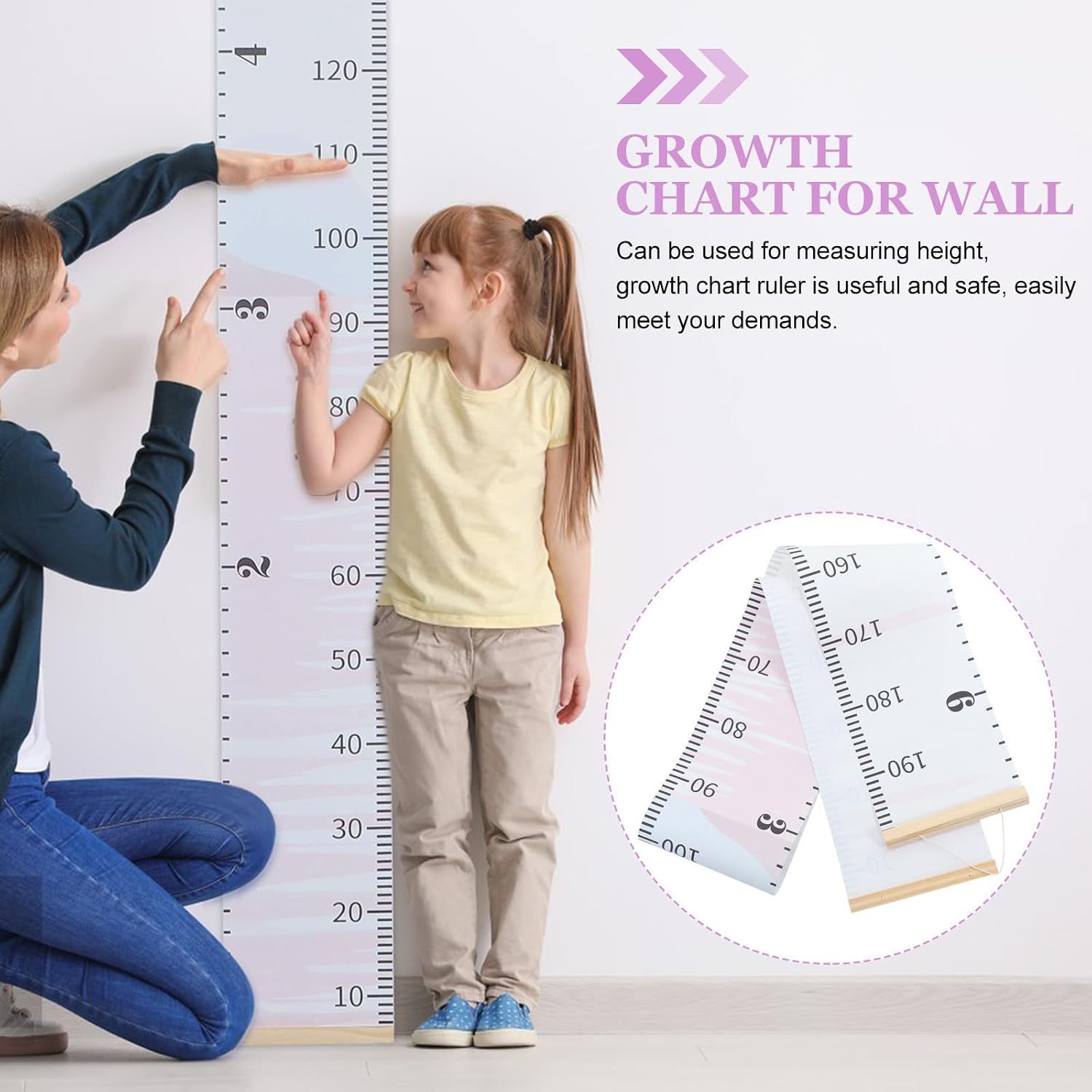 SHINEOFI Decorative Growth Chart Ruler for Wall Hanging in White, Portable Wooden and Fabric Height Chart for Measuring Height in Bedrooms and Rooms with Simple Cartoon Style Design
