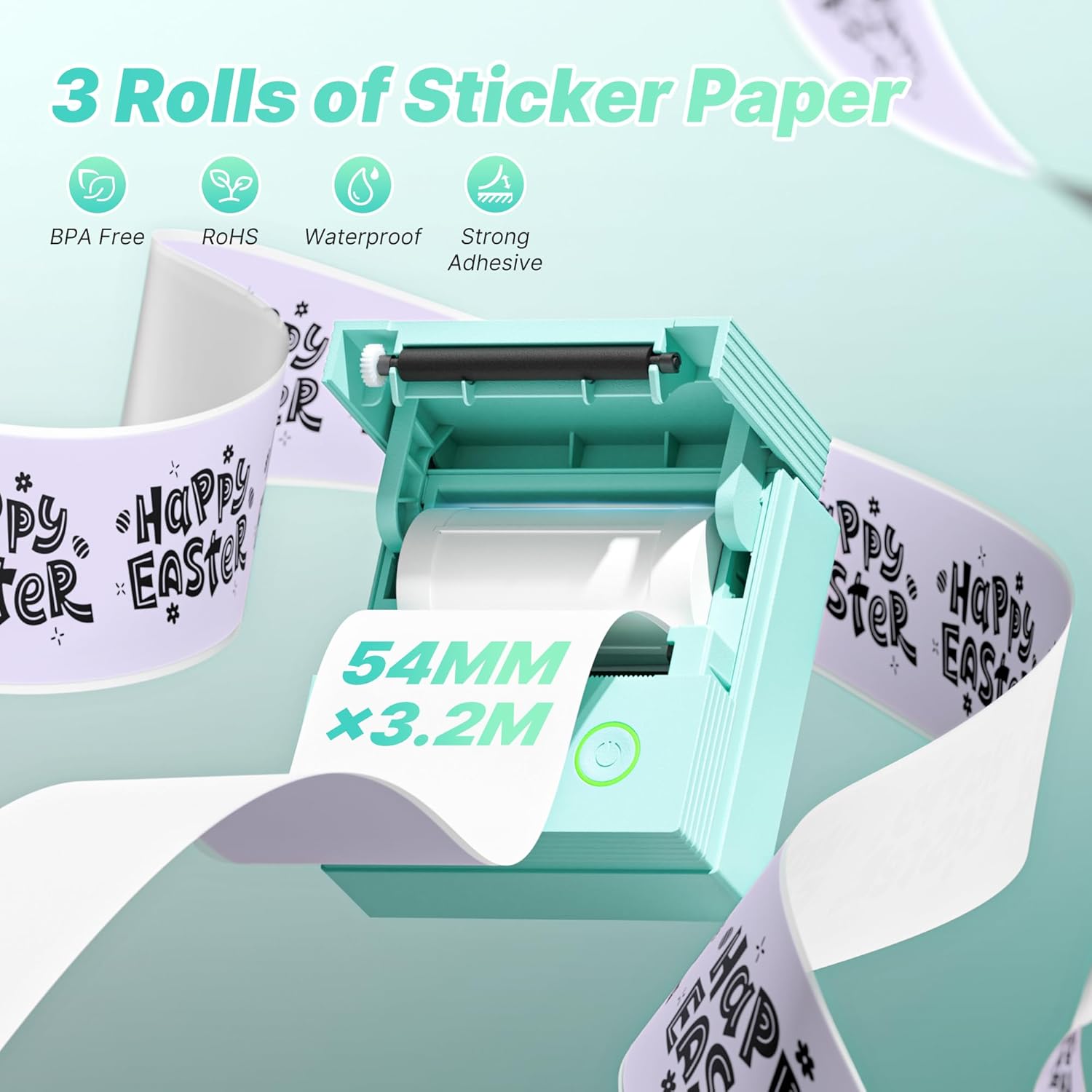 Genuine Self-Adhesive Thermal Printer Stickers, 54mmx3.2m Sticker Paper, Compatible with PM290 Mini Sticker Printer, Thermal Sticker Paper for Journal, Study, Photos, 3 Rolls, Blue/Pink/Purple - Image 2