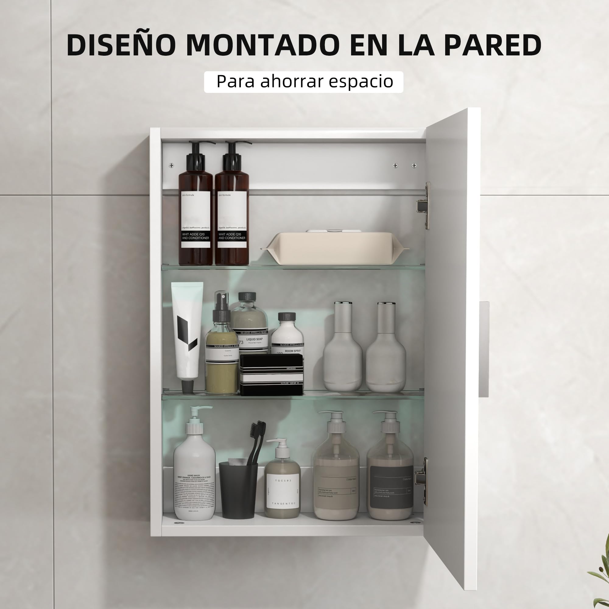 HOMCOM Armario de Baño Pared, Mueble de Baño Colgar con Estantes Ajustables de Vidrio Templado, Ahorro de Espacio, Armario Multiusos para Colgar para Entrada, 40x15x55 cm, Blanco Brillo