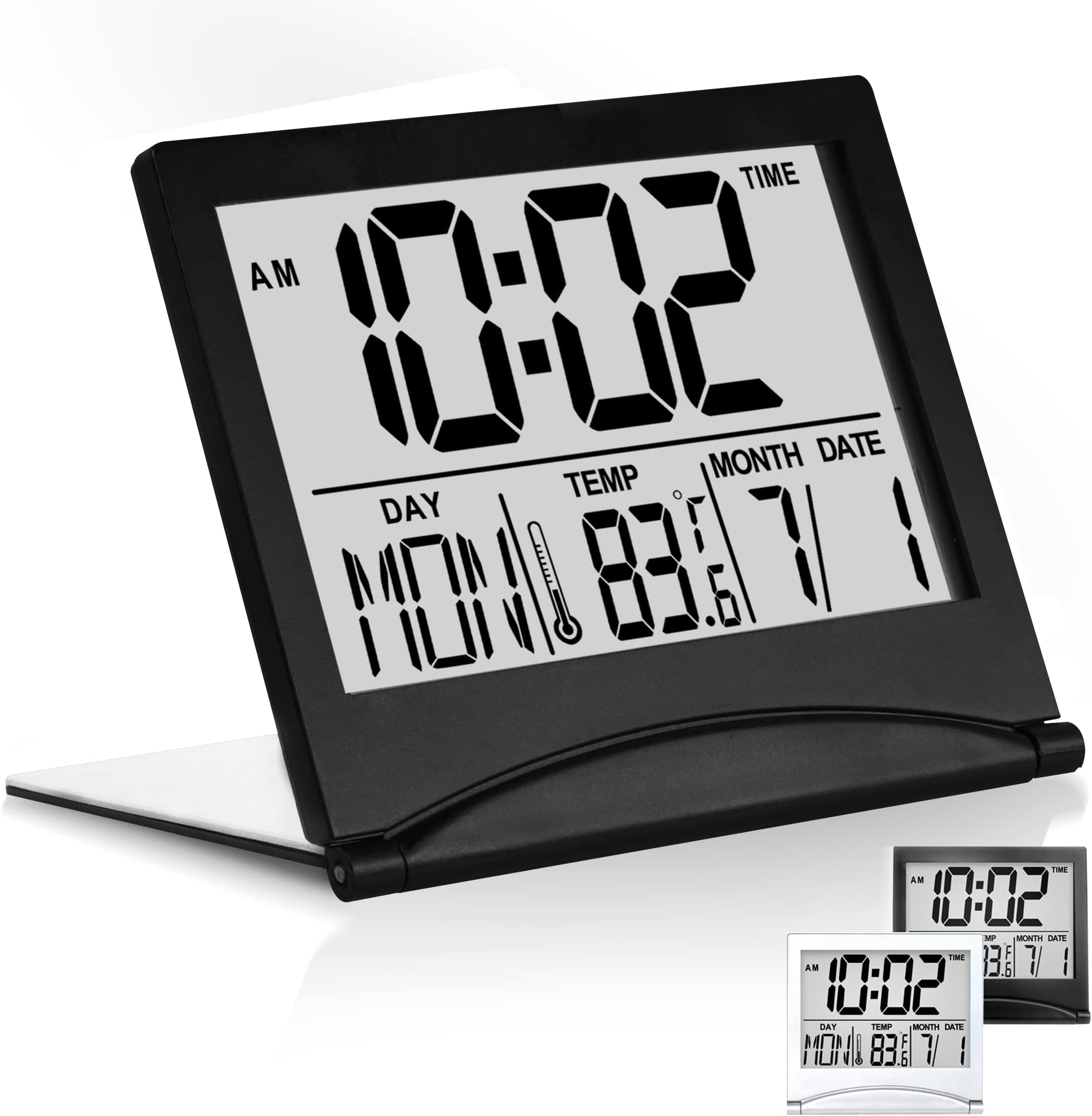 Digital Travel Alarm Clock – Foldable Calendar, Temperature & Timer with Snooze – Large Number Display, Battery Operated – Compact Desk Clock for Home & Office (Black)