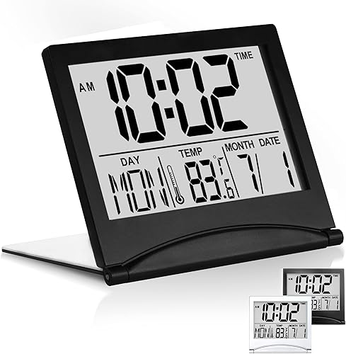 Betus Reloj despertador digital de viaje, calendario plegable, temperatura y temporizador con repetición, pantalla de números grandes, funciona con
